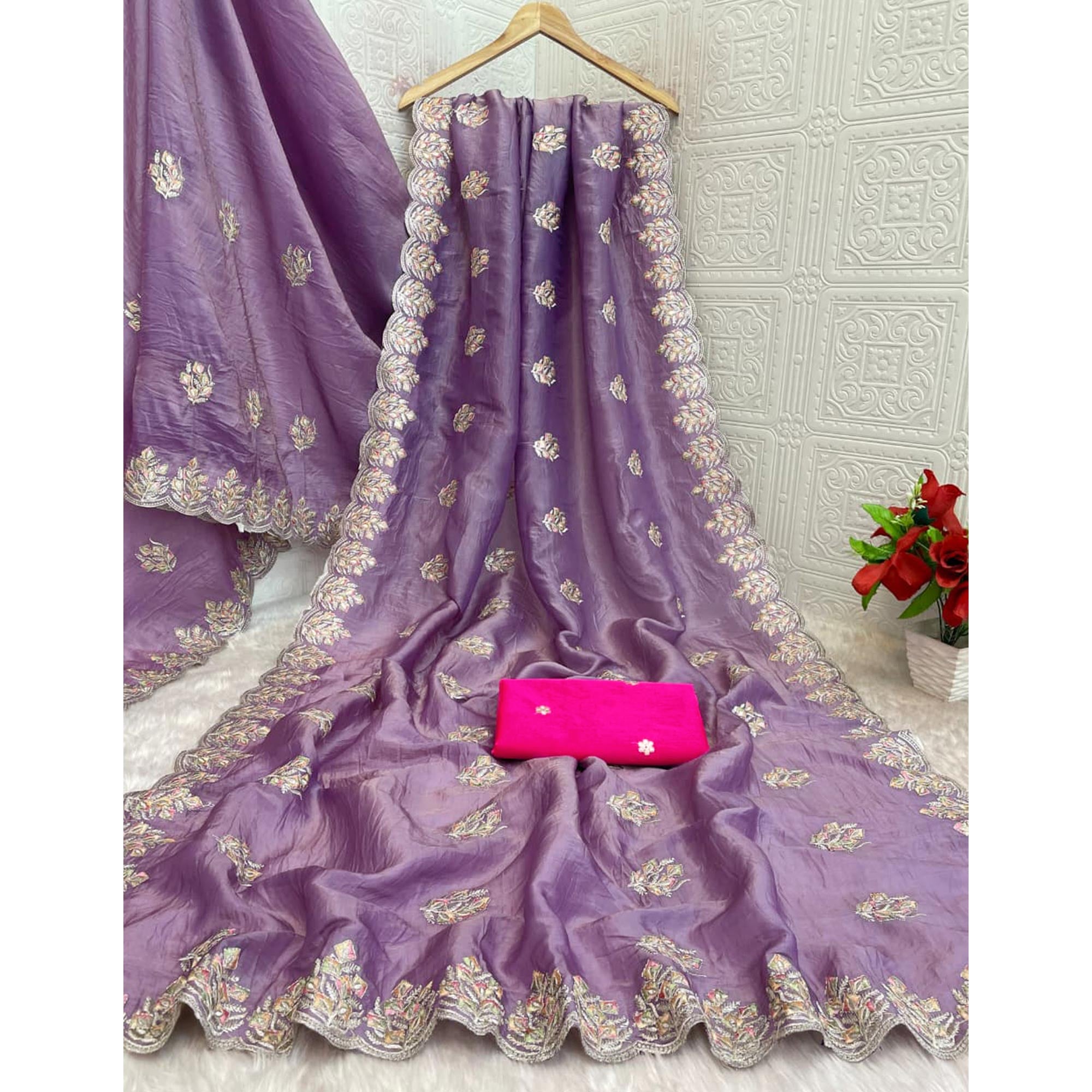 Classic Lavender Silk Blend Crush Saree Beautifully Embellished With Floral Thread Embroidery