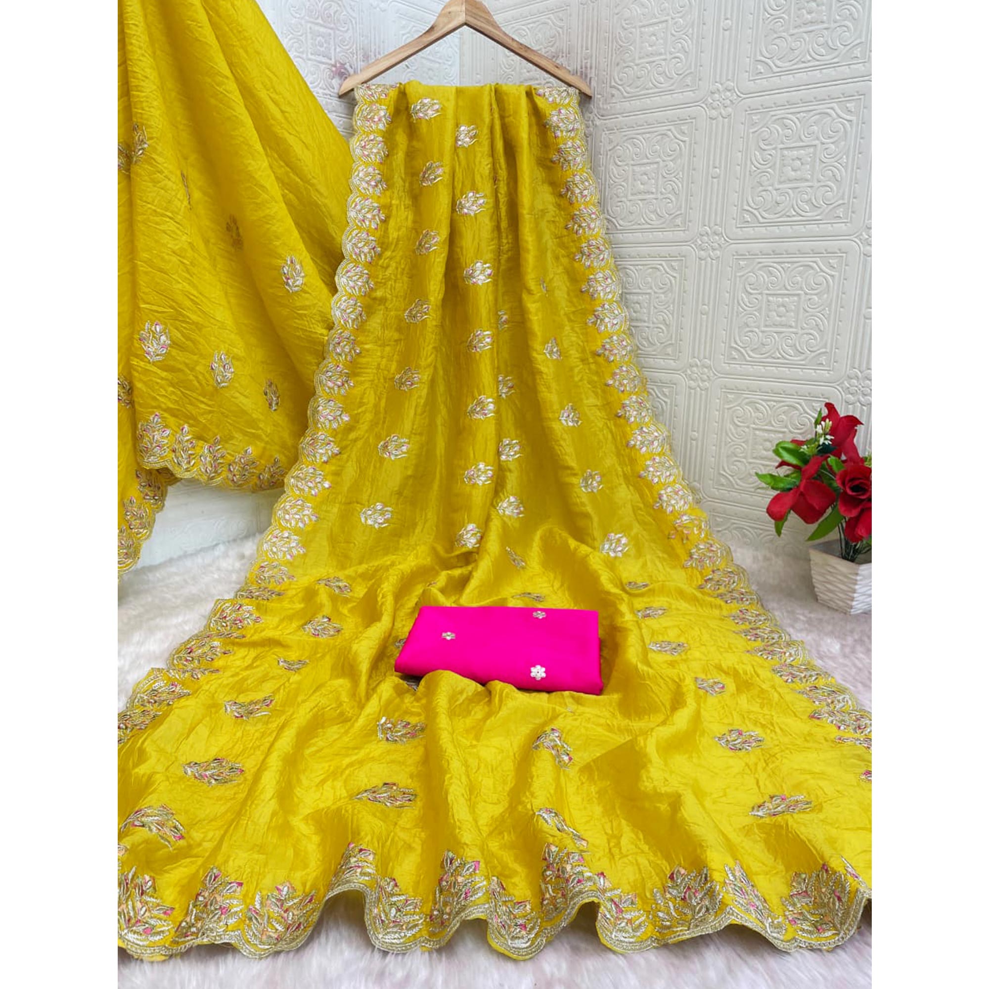 Classic Mustard Silk Blend Crush Saree Beautifully Embellished With Floral Thread Embroidery