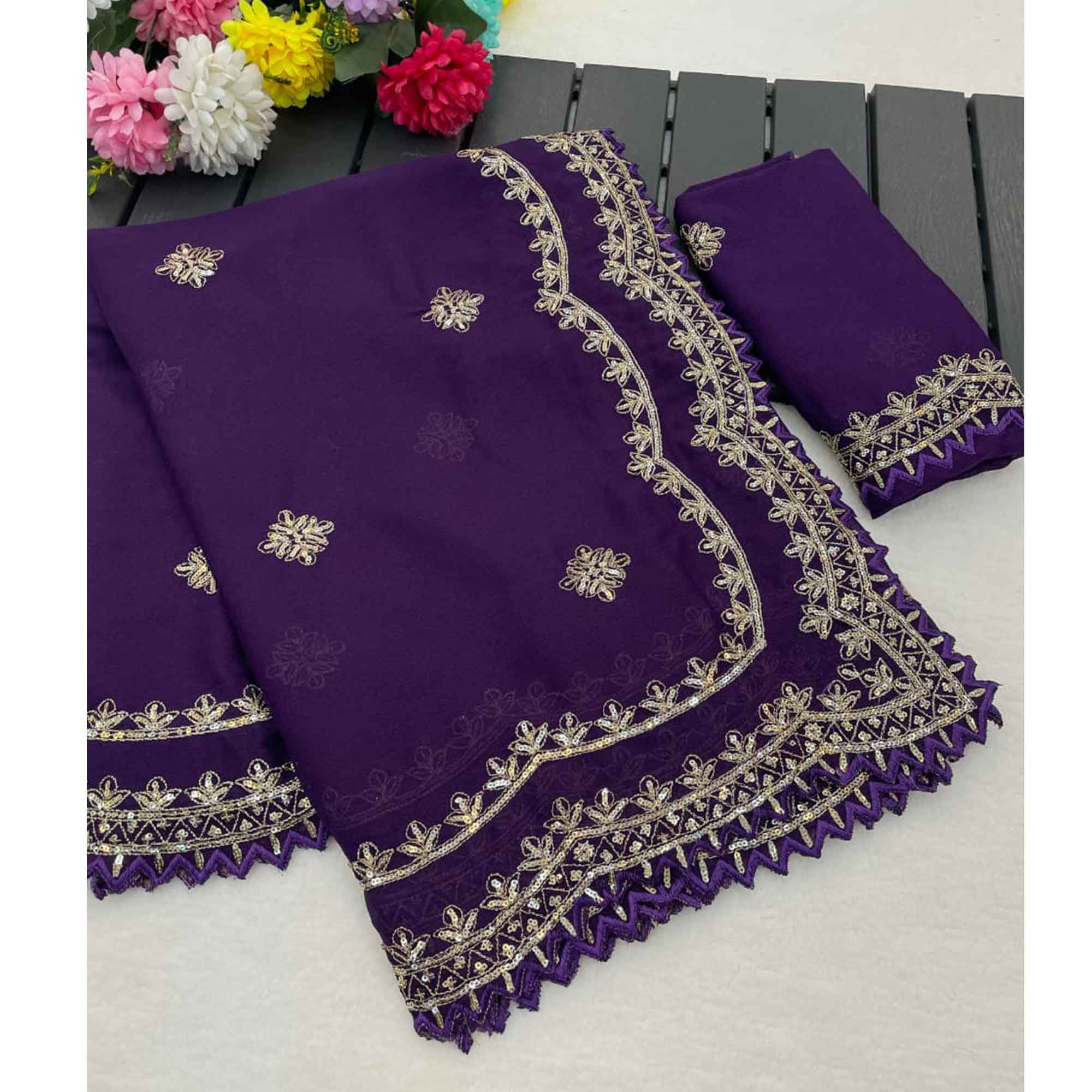 Radiant Purple Thread Work Georgette Silk Saree Beautifully Enhanced With Sequins Embellishment