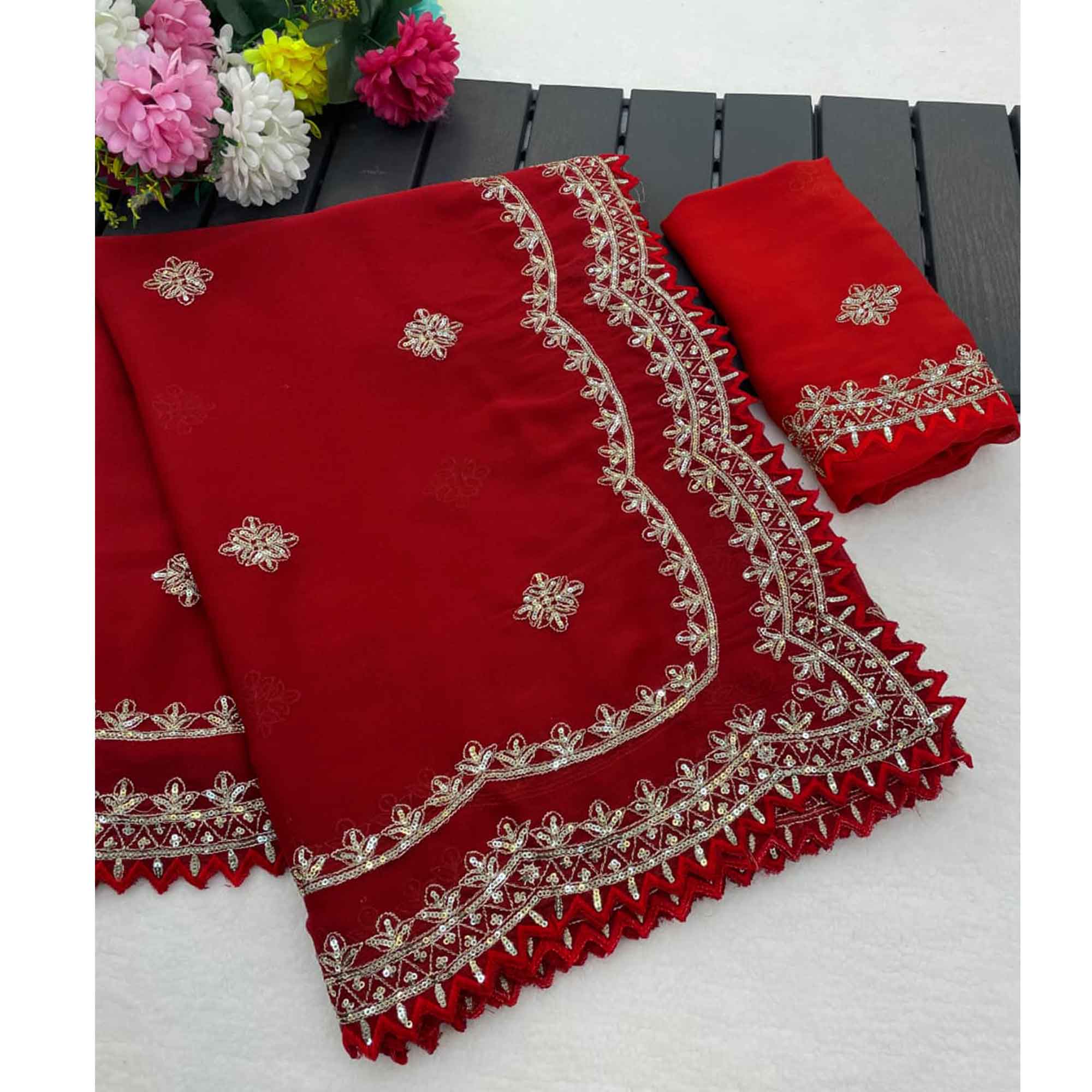 Radiant Red Thread Work Georgette Silk Saree Beautifully Enhanced With Sequins Embellishment