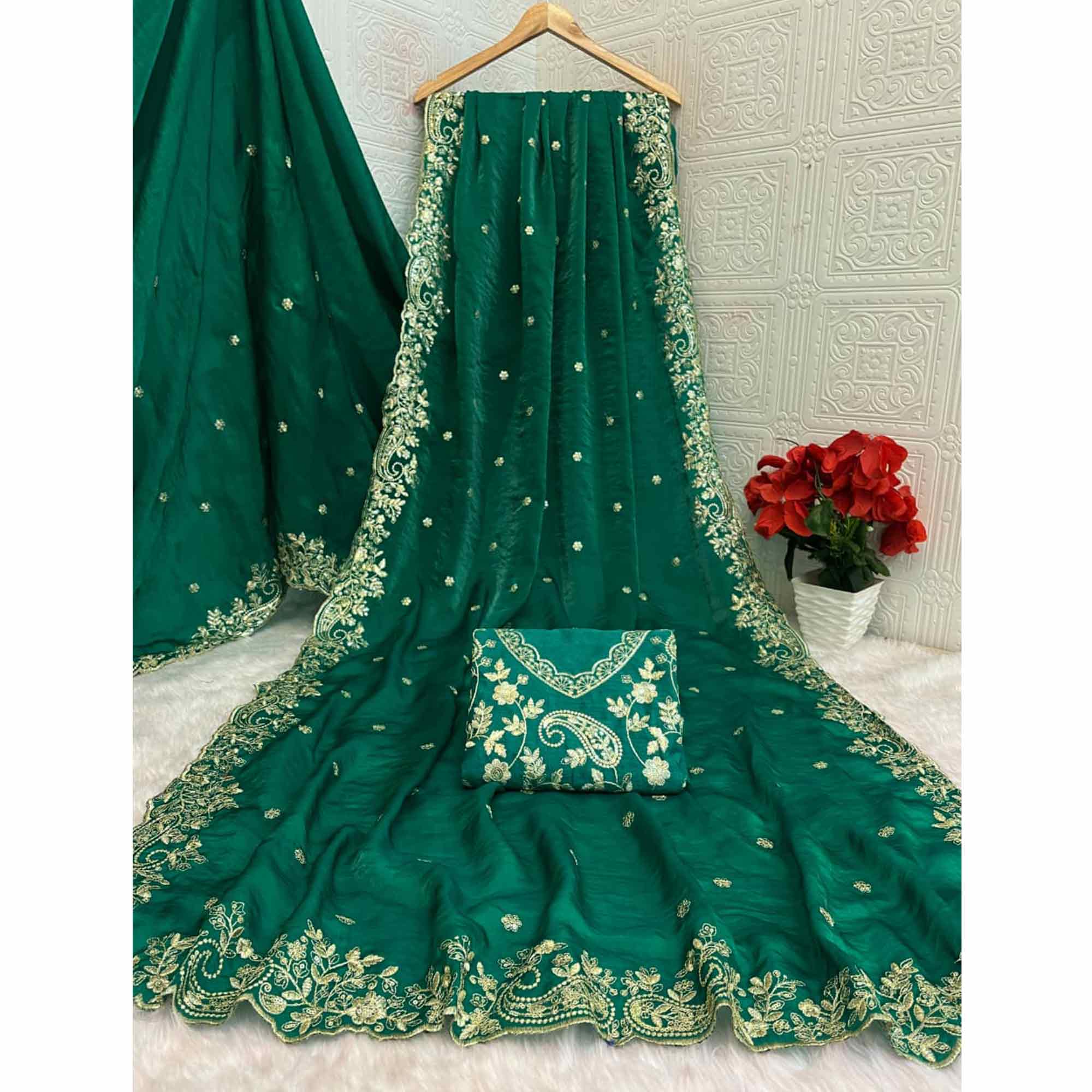 Green Partywear Organza Satin Silk Crush Saree with Delicate Floral Embroidery