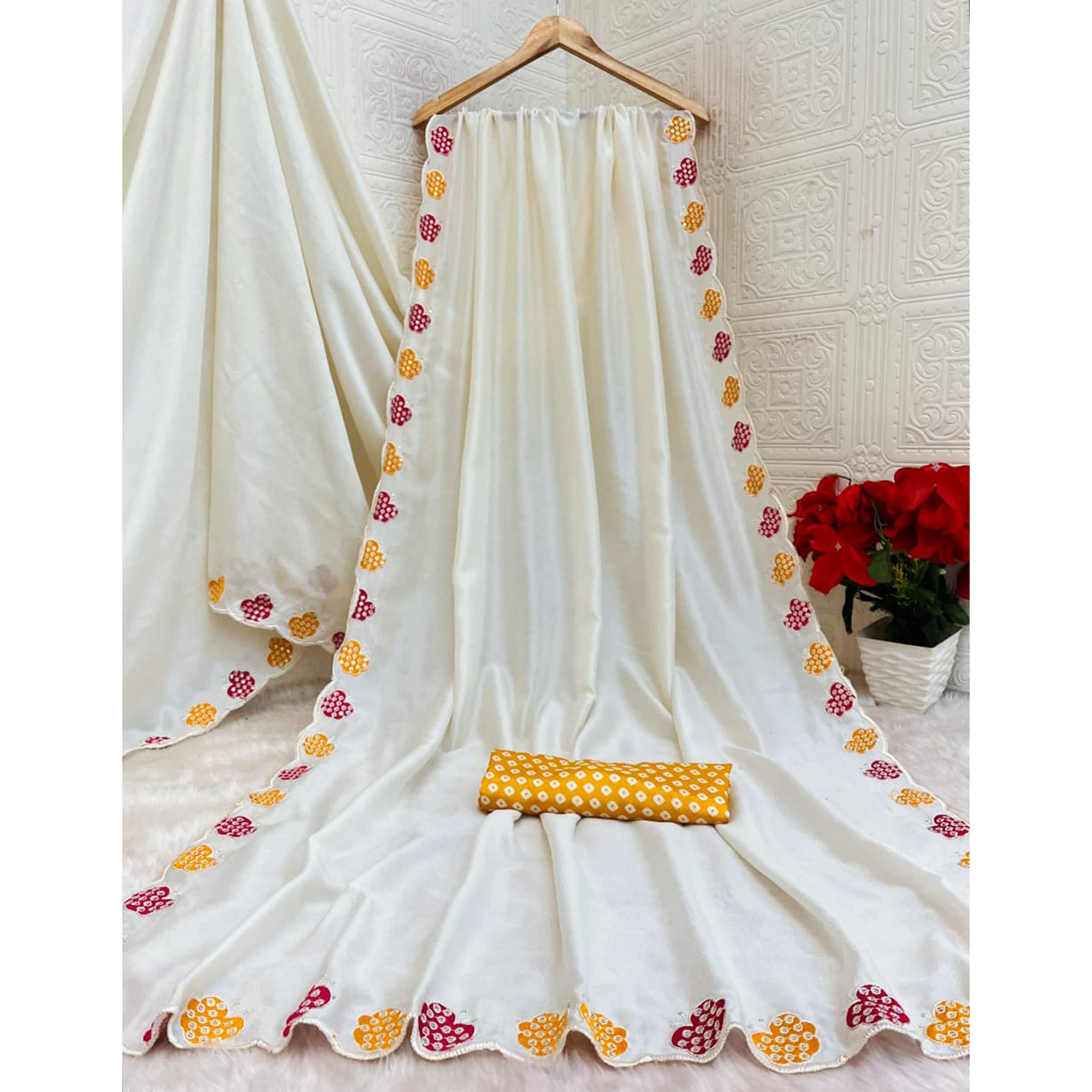 Off White Premium Vichitra Silk Saree Adorned with Intricate Embroidery Work