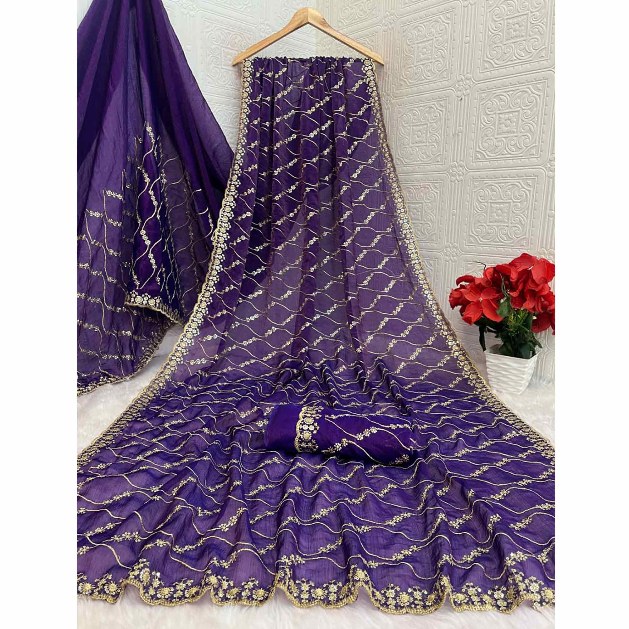 Violet Partywear Organza Chiffon Silk Saree Highlighted with Fine Sequins Detailing