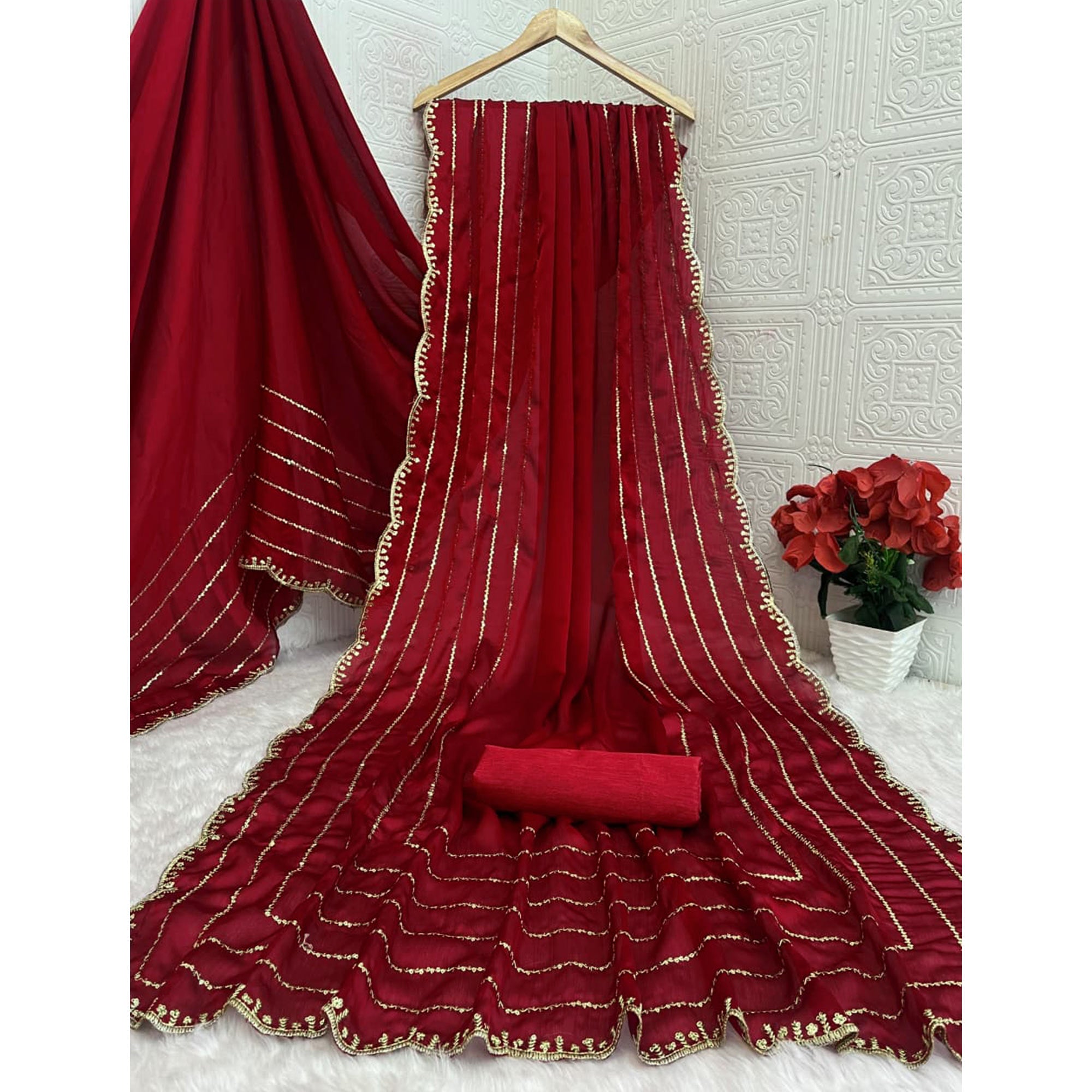 Maroon Soft Satin Chiffon Saree Embellished with Intricate Sequins Detailing