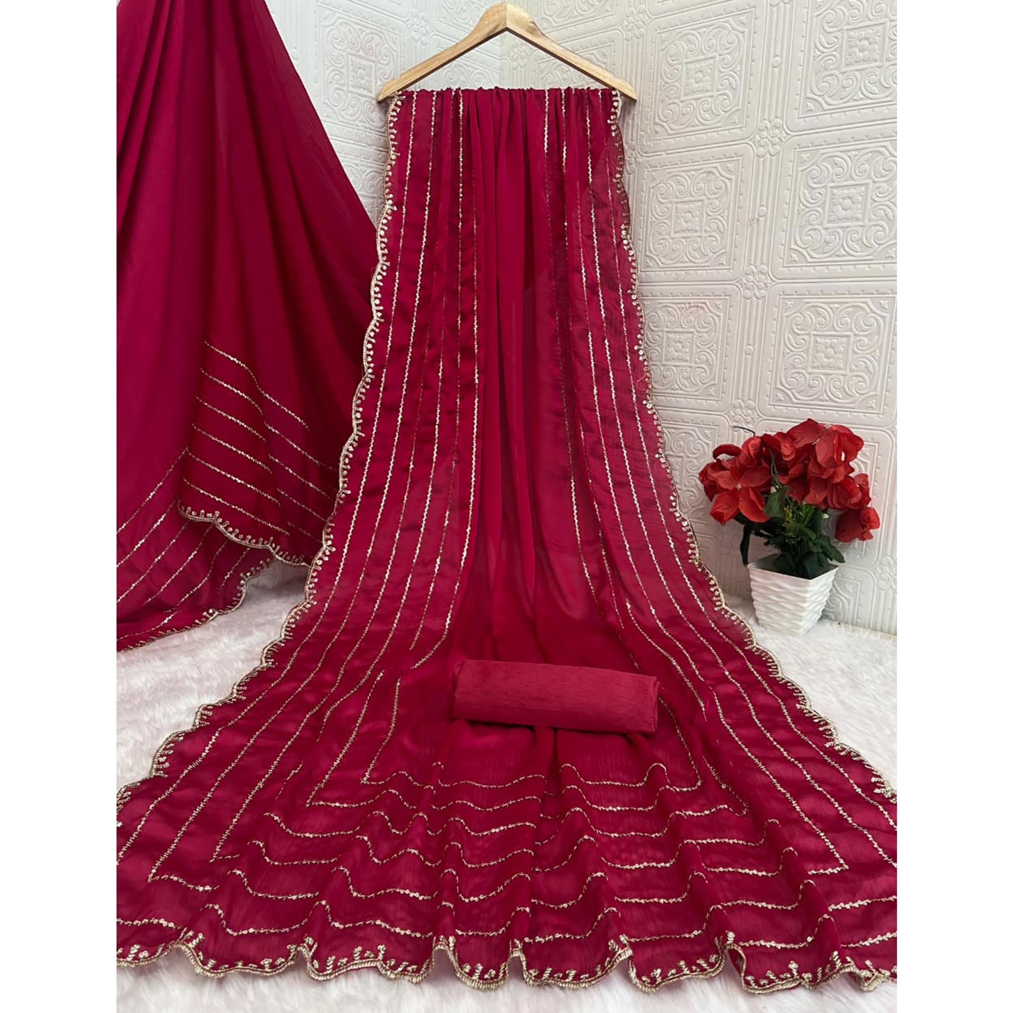 Pink Soft Satin Chiffon Saree Embellished with Intricate Sequins Detailing