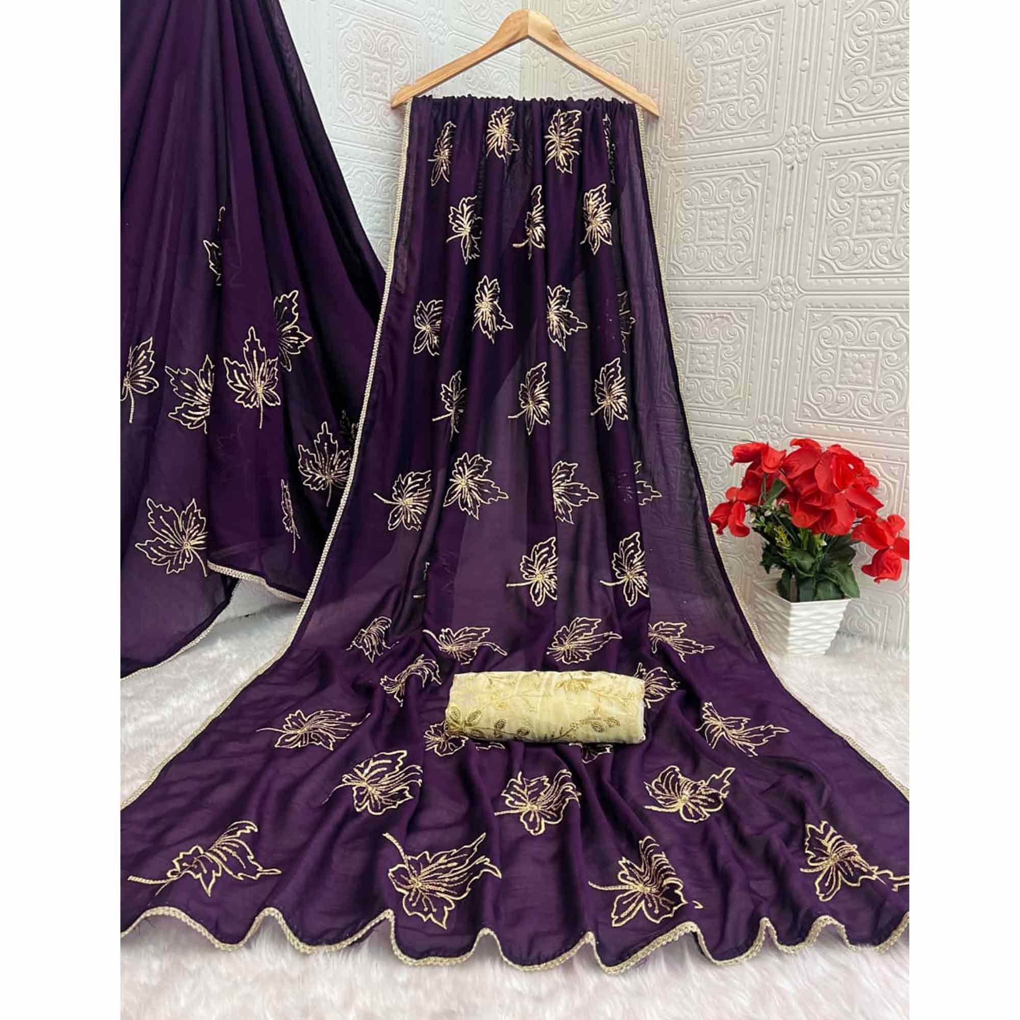 Glamorous Purple Sequin Embellished Saree in Premium Vichitra Silk
