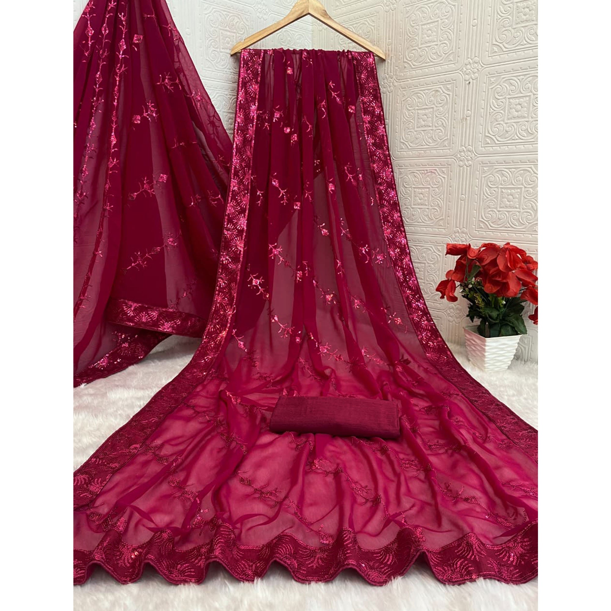 Pink Premium Vichitra Silk Saree Adorned with Shimmering Sequins Work