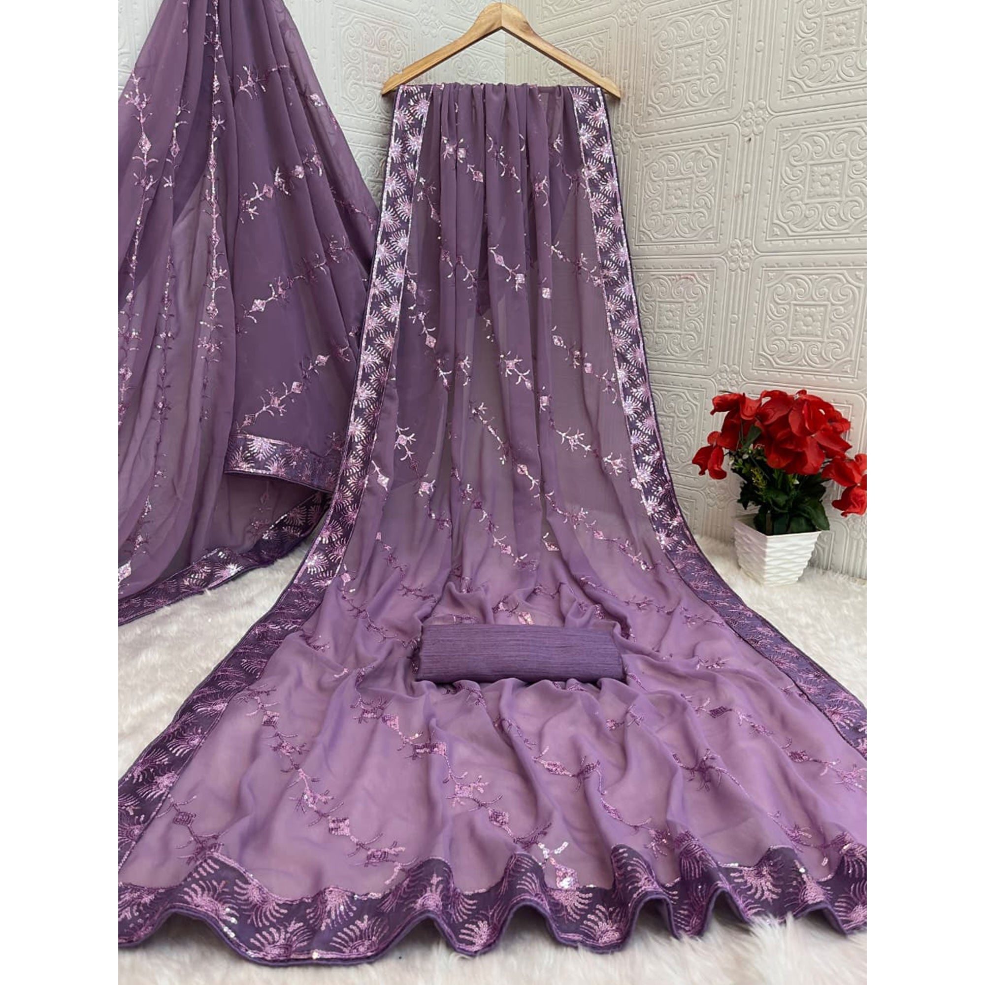 Purple Premium Vichitra Silk Saree Adorned with Shimmering Sequins Work