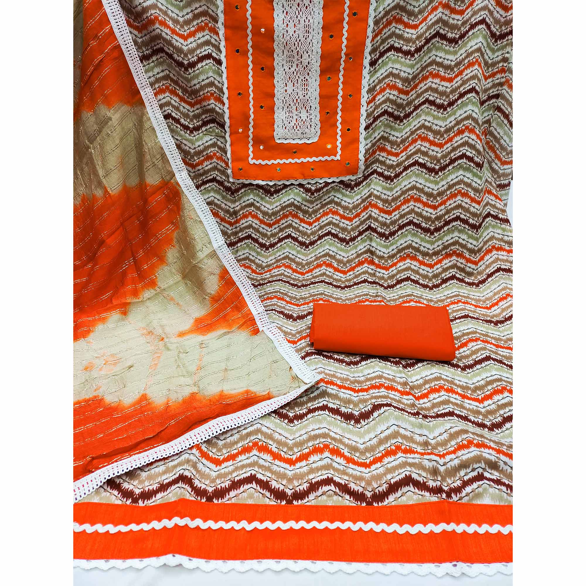 Orange Printed With Embroidered Pure Cotton Dress Material