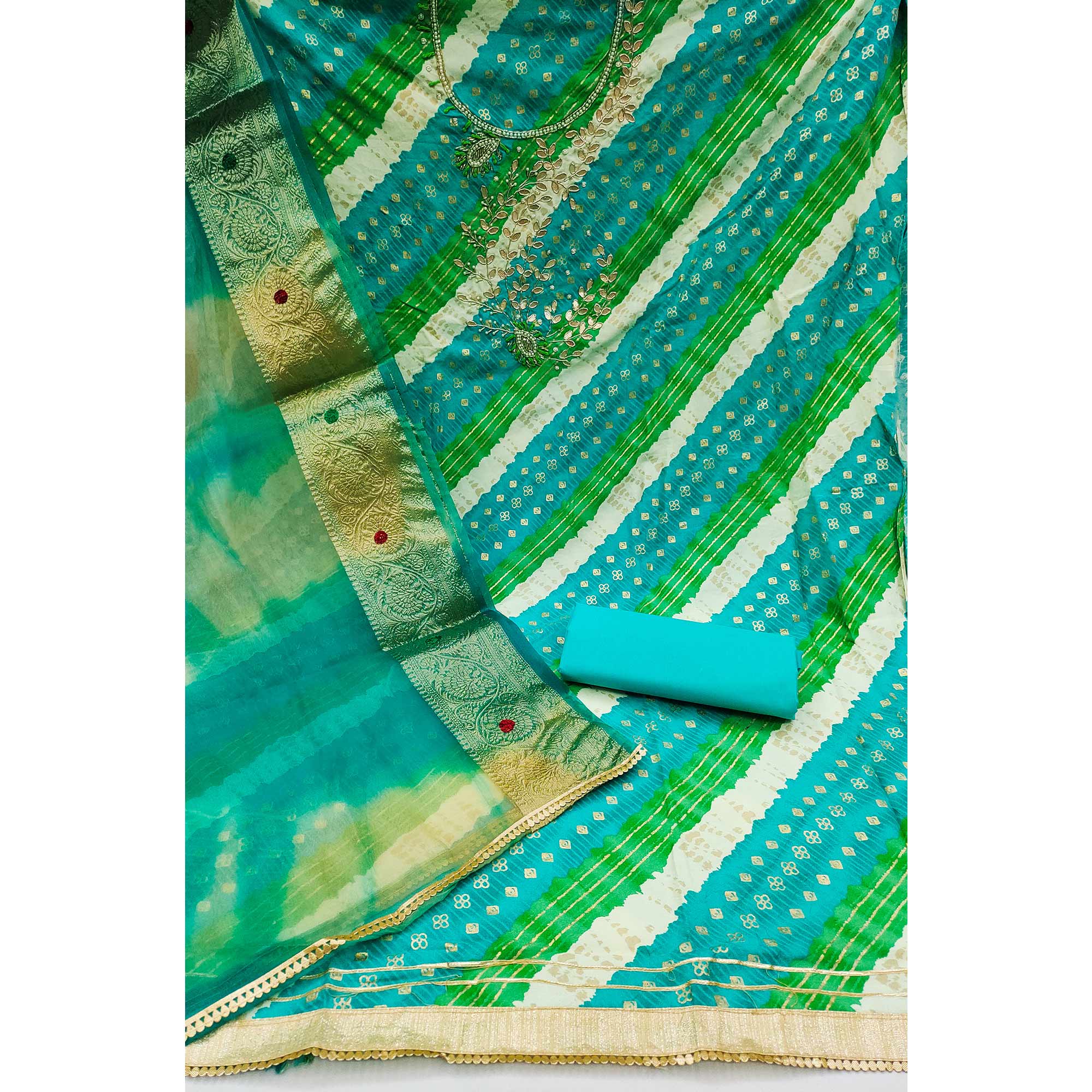 Blue Printed With Handwork Pure Cotton Dress Material