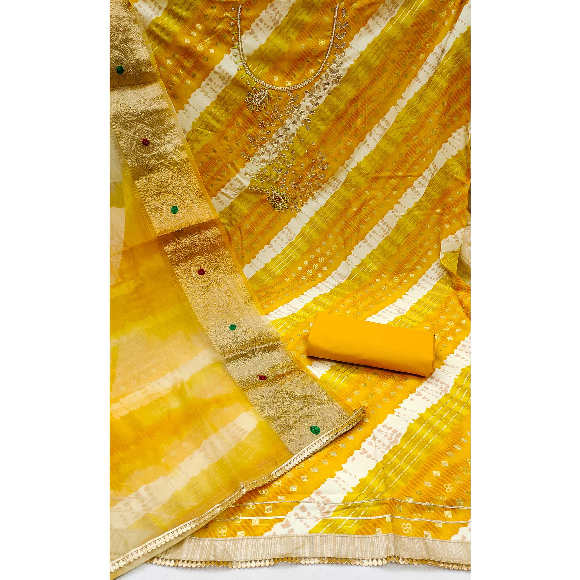 Yellow Printed With Handwork Pure Cotton Dress Material