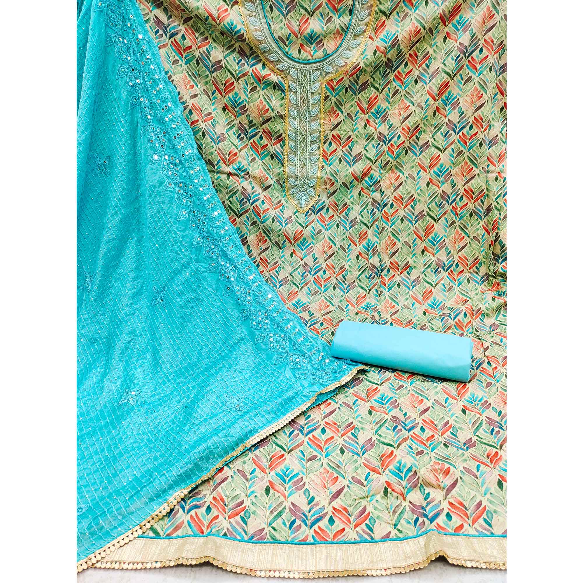 Chikoo & Blue Printed With Handwork Pure Cotton Dress Material