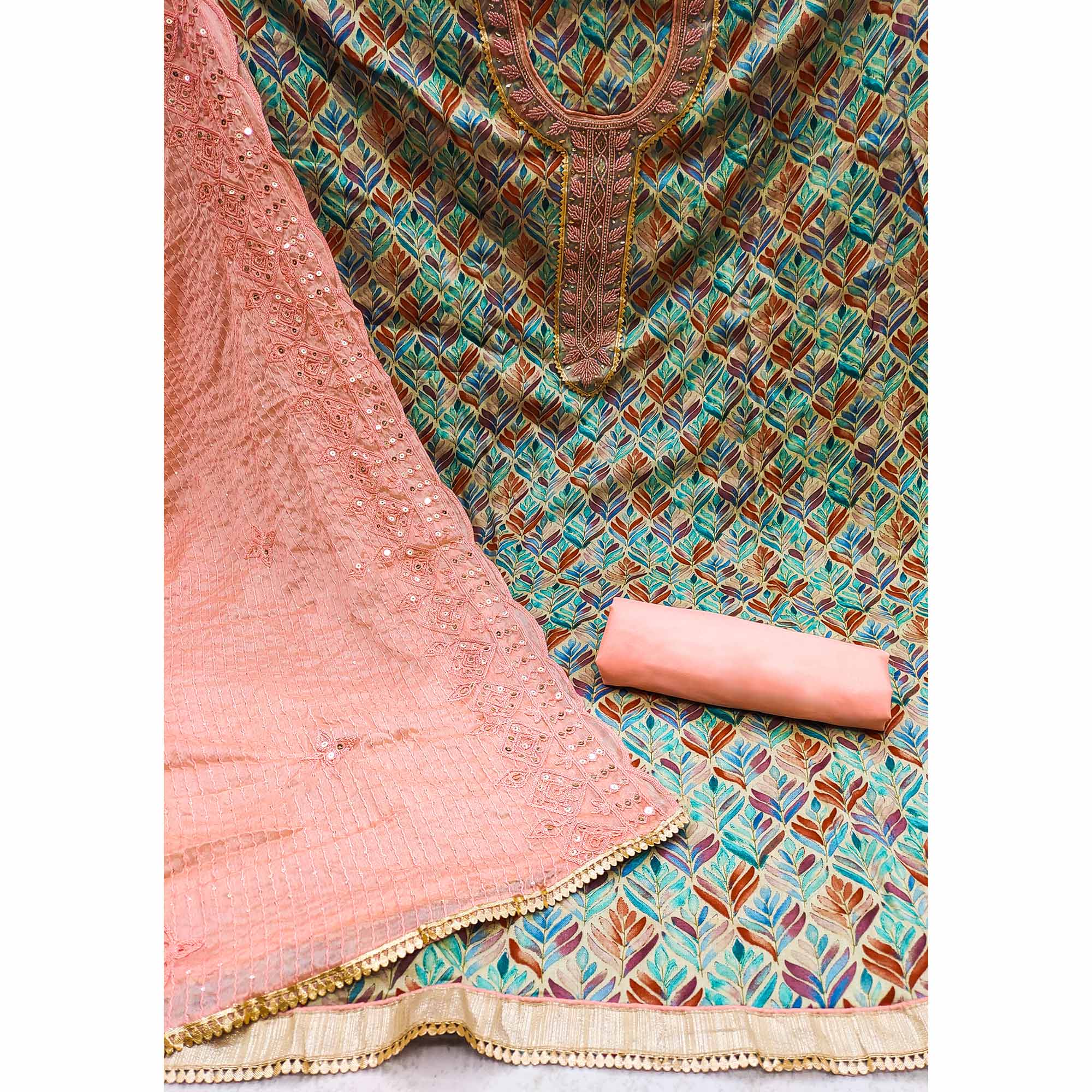 Chikoo & Peach Printed With Handwork Pure Cotton Dress Material