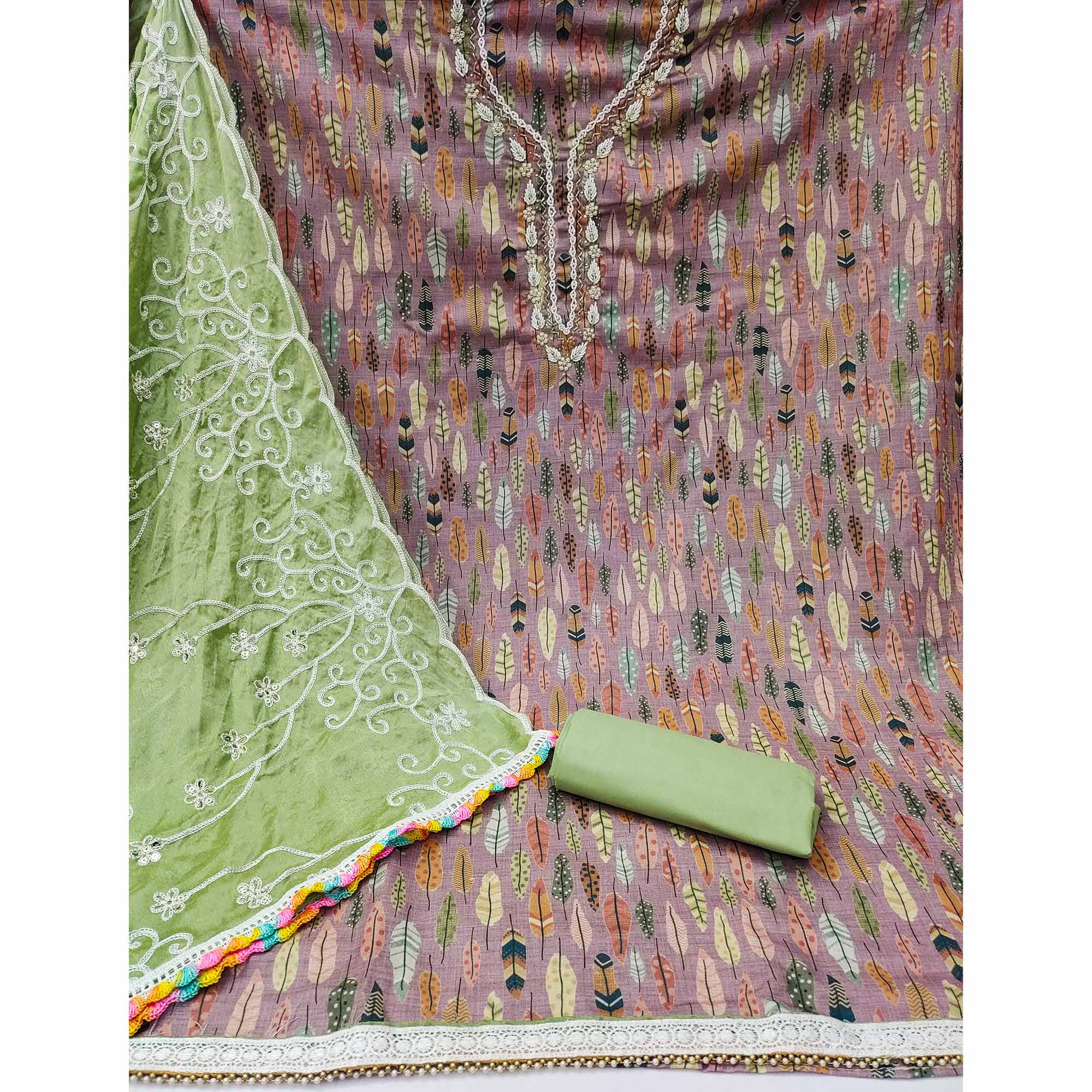 Purple Printed With Handwork Pure Cotton Dress Material