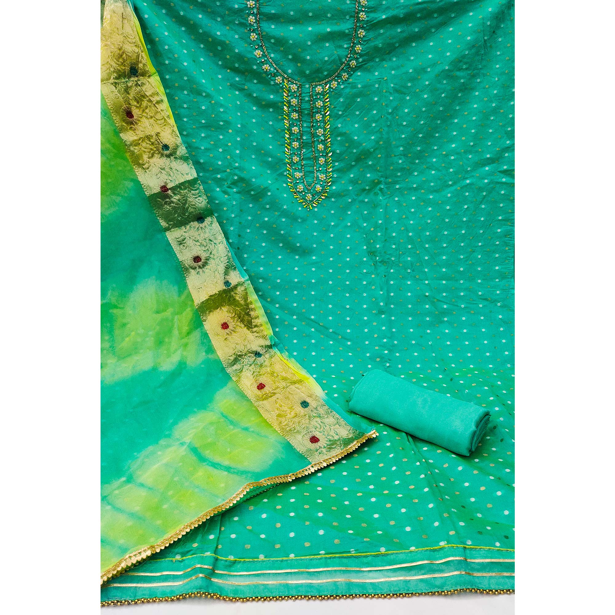 Rama Green Woven With Handwork Modal Dress Material
