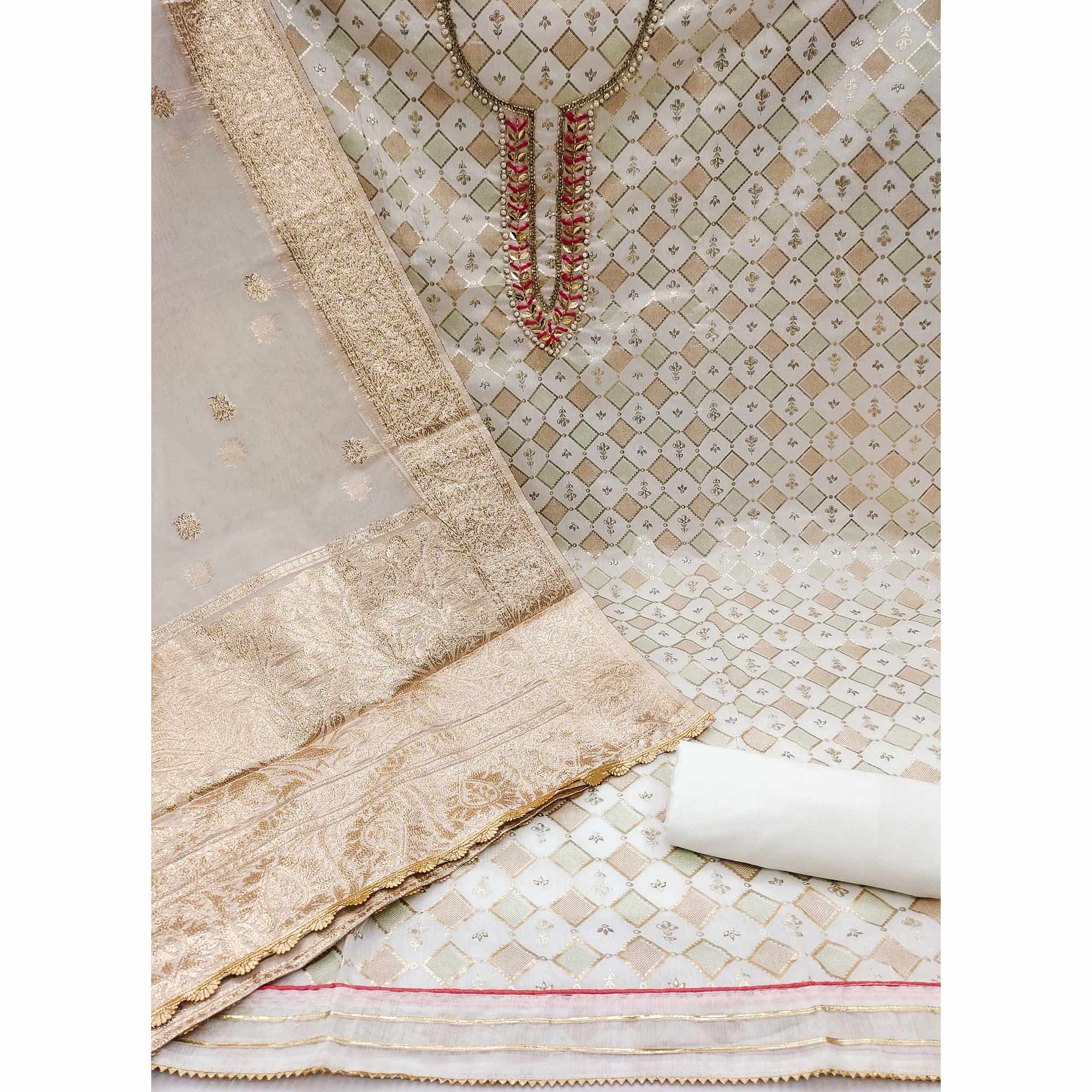 White Printed With Handwork Modal Dress Material