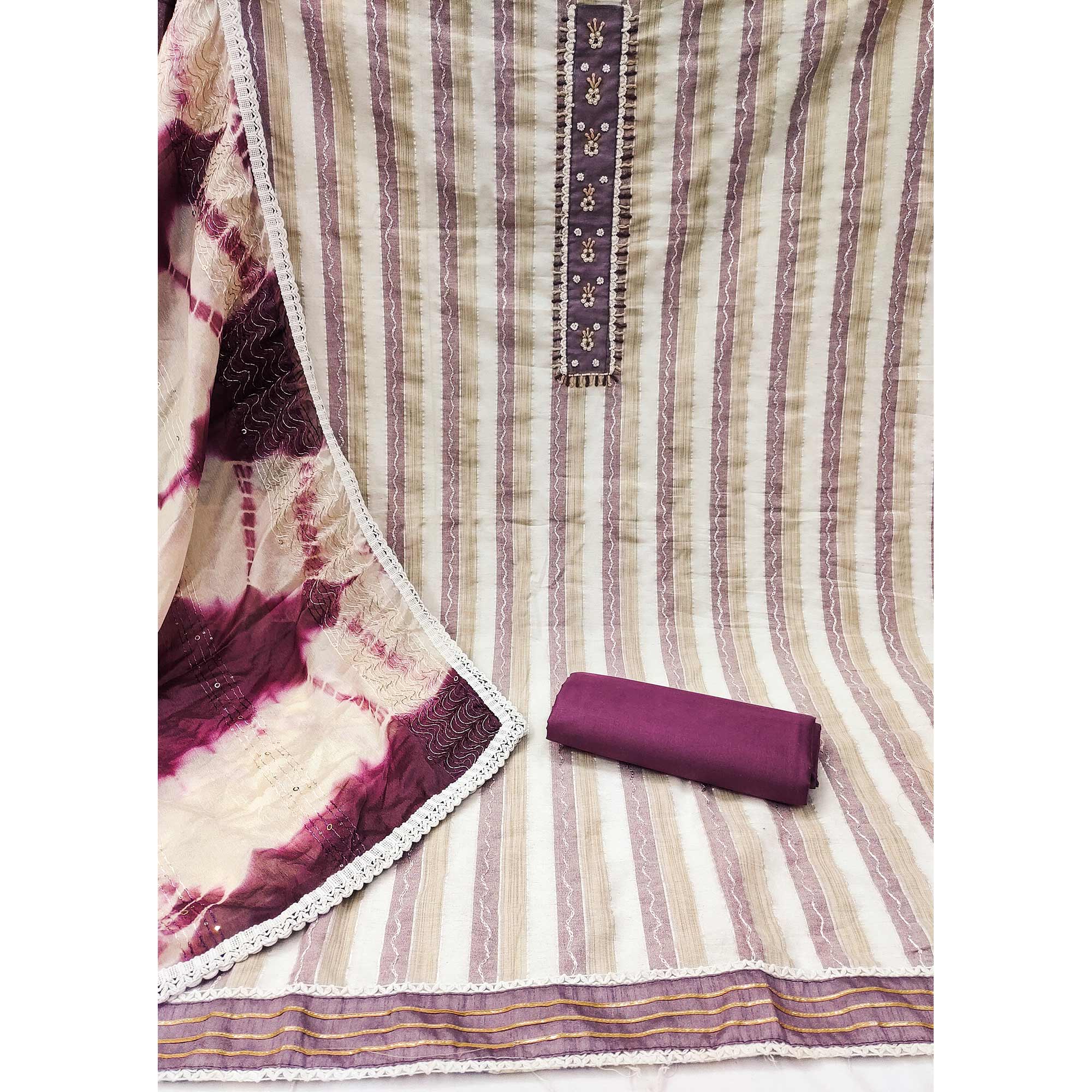 Cream & Wine Embroidered With Handwork Pure Cotton Dress Material