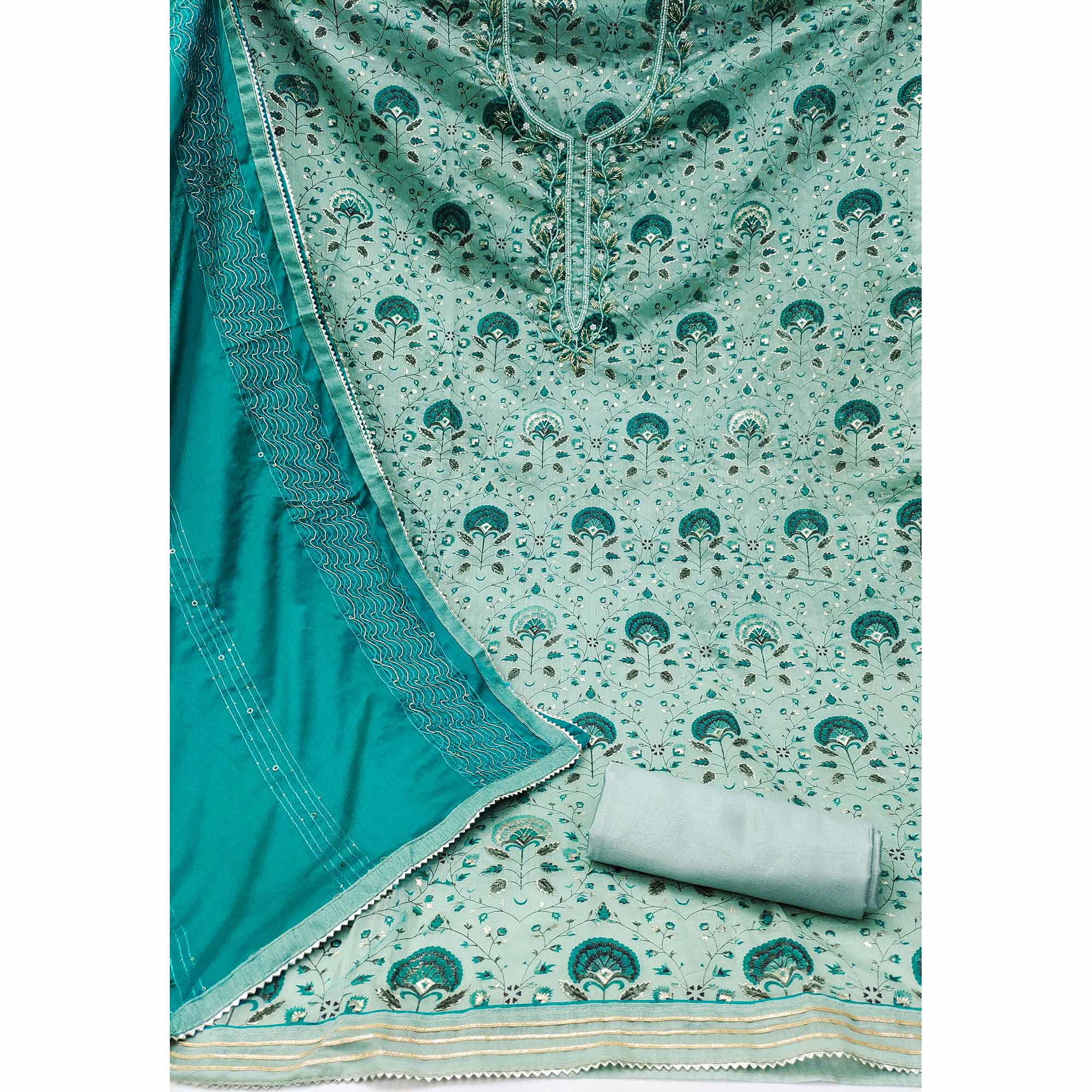 Turquoise Printed With Handwork Modal Dress Material