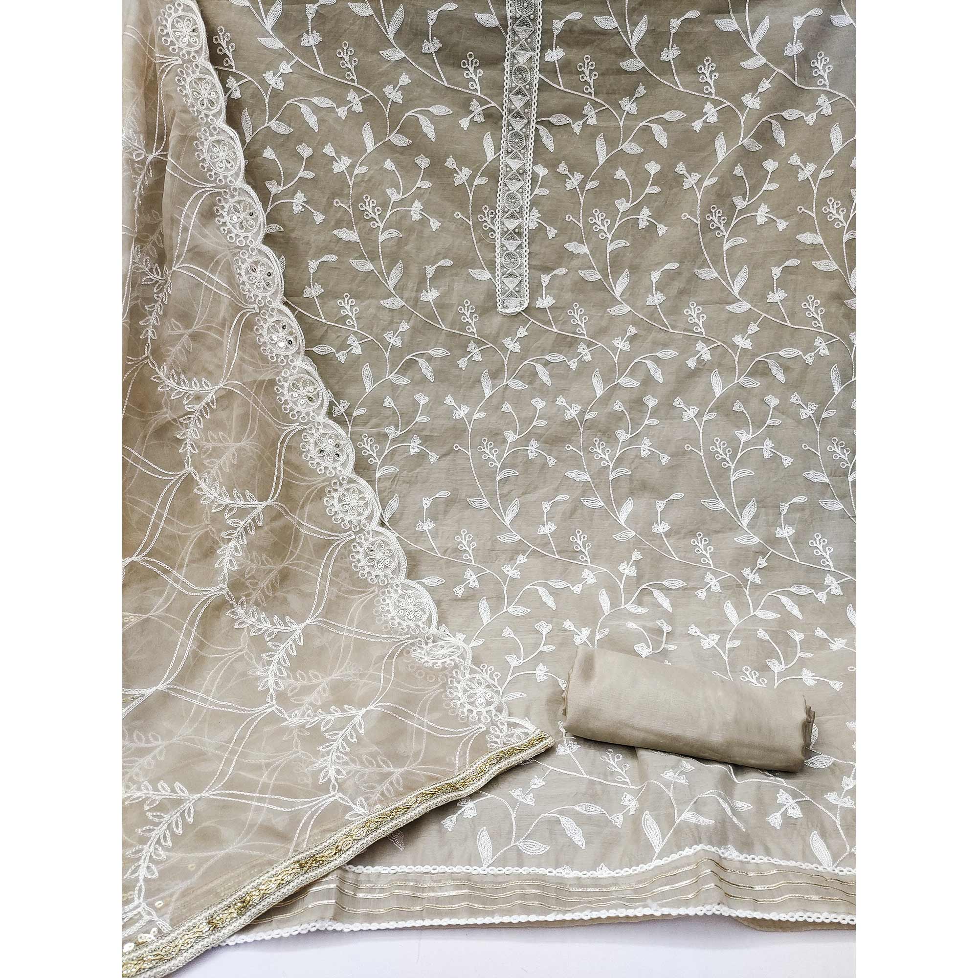 Beige Floral Embroidered Modal Dress Material