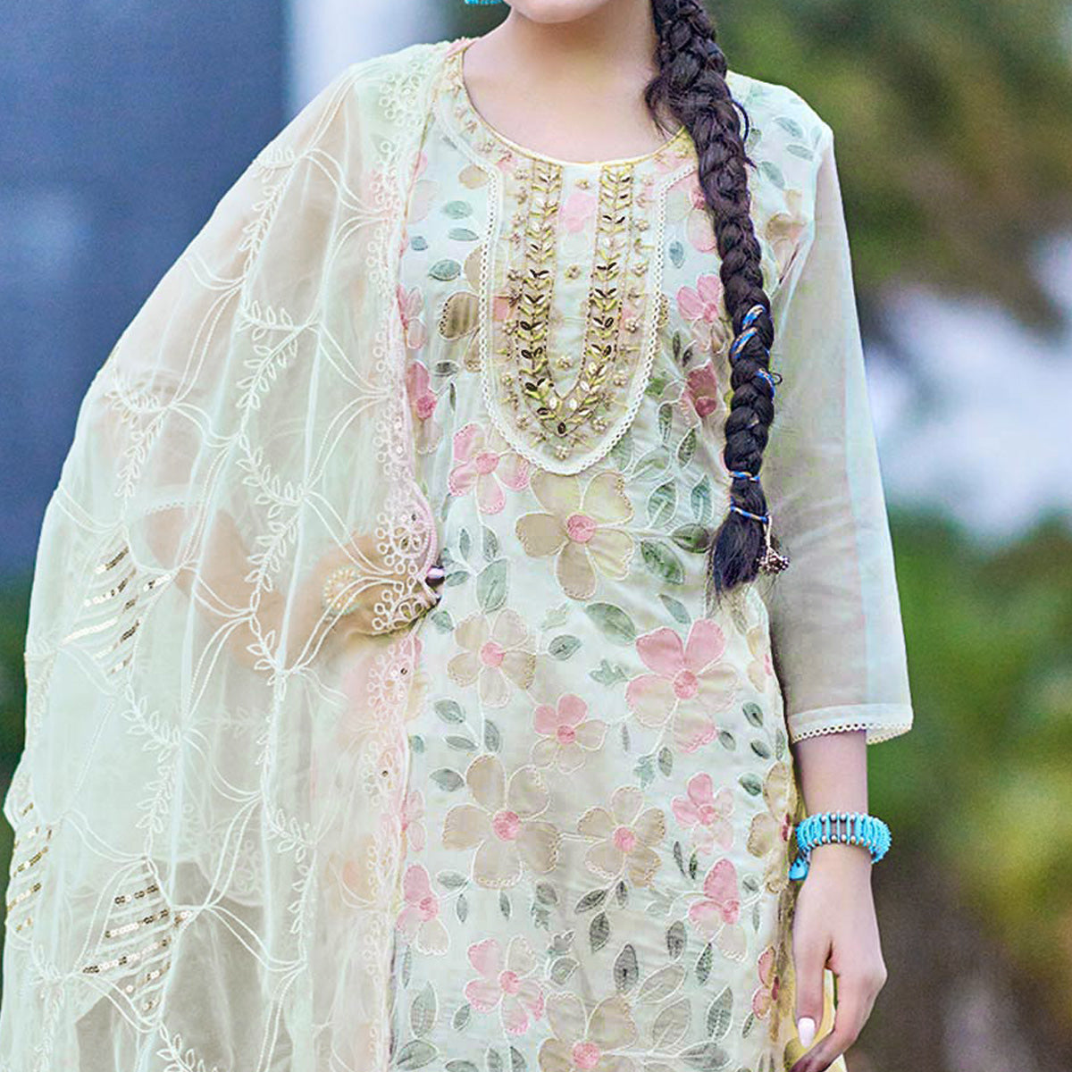 Cream Printed With Handwork Organza Salwar Suit