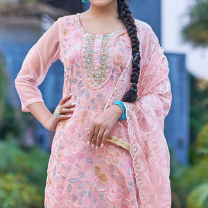 Peach Printed With Handwork Organza Dress Material
