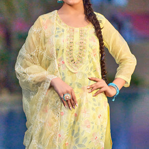Yellow Printed With Handwork Organza Dress Material