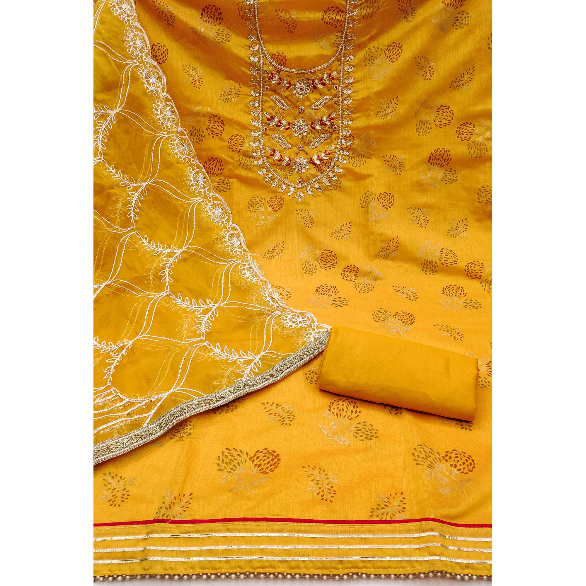 Yellow Floral Printed Handwork Modal Dress Material