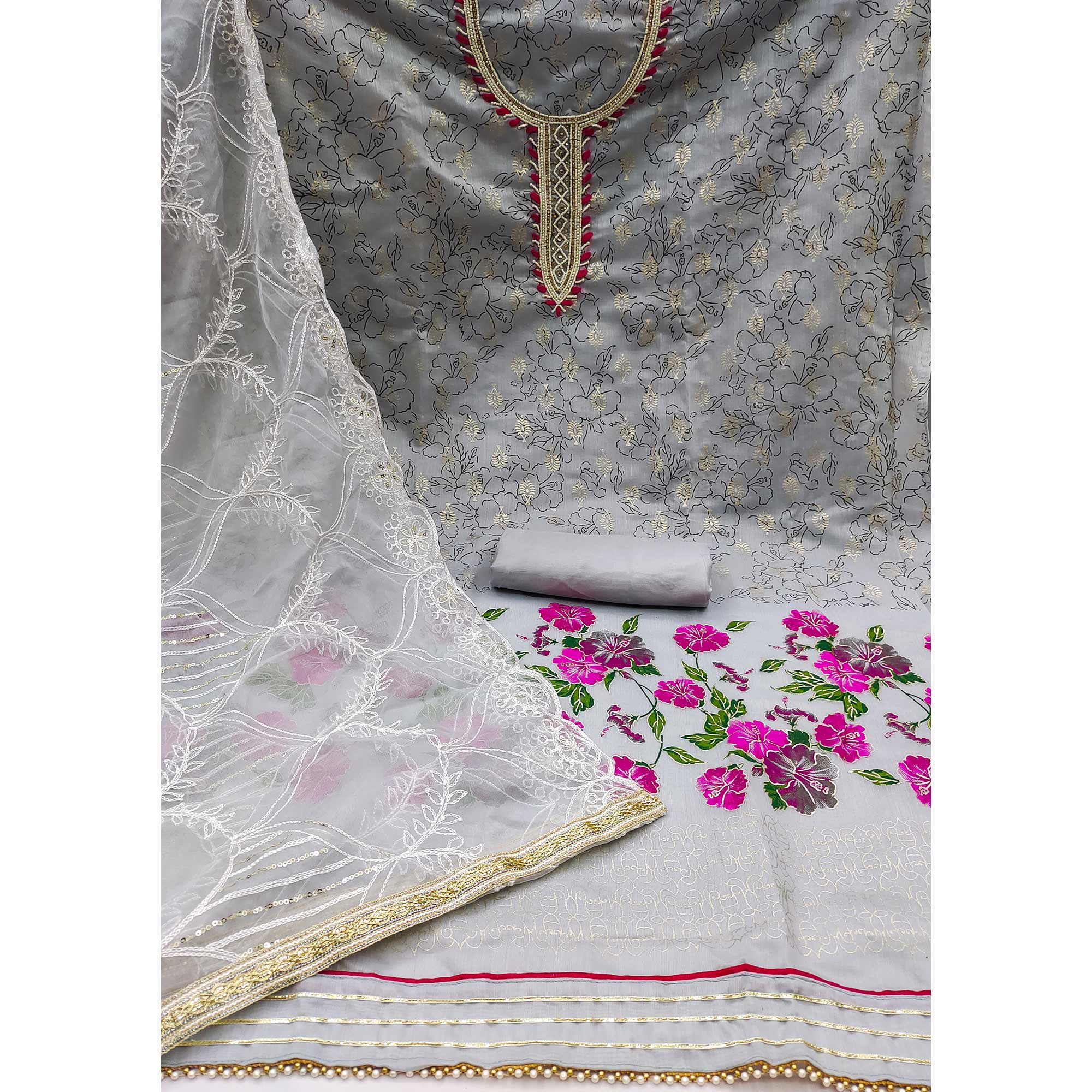 Grey Floral Printed Modal Dress Material