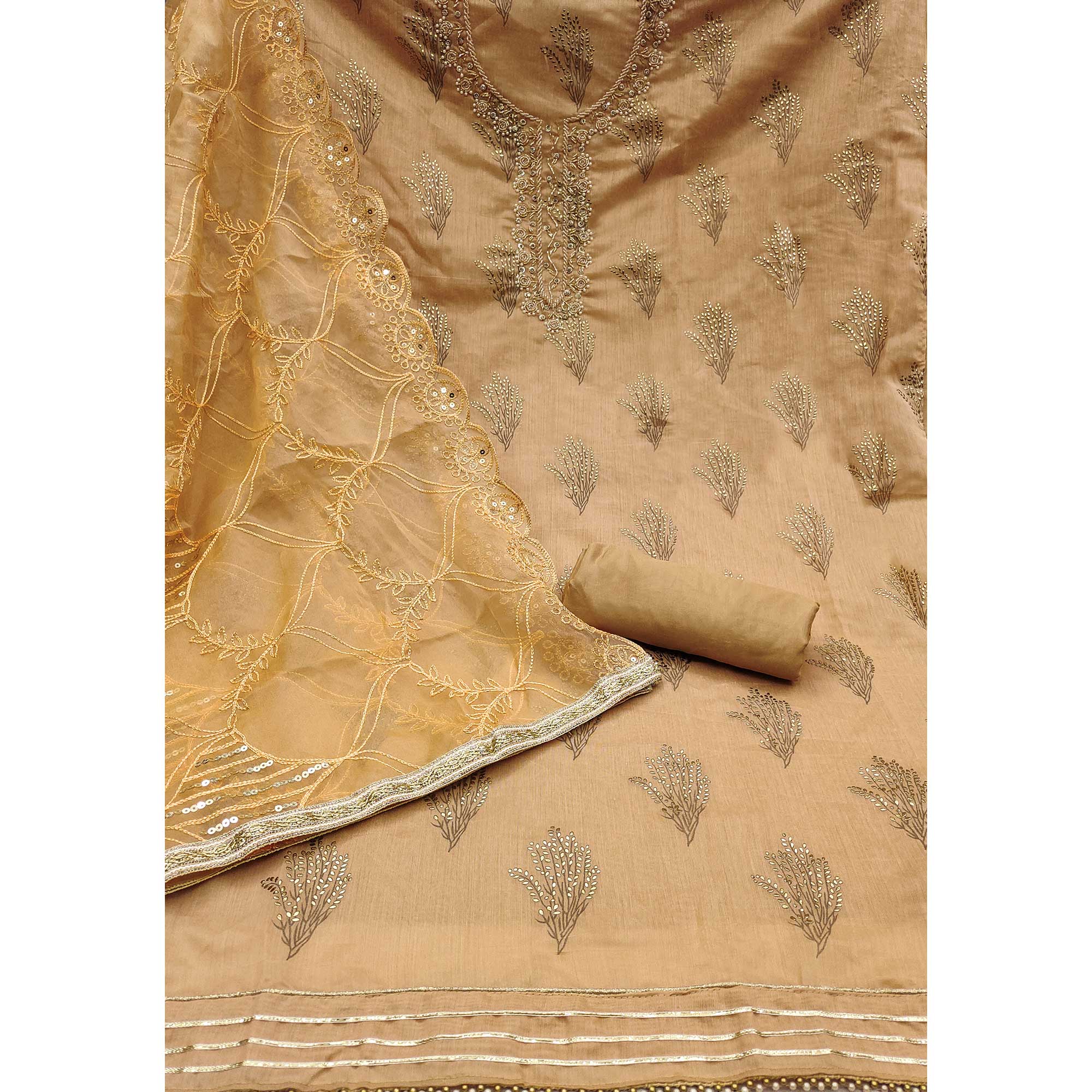 Dark Beige Printed With Handwork Modal Dress Material