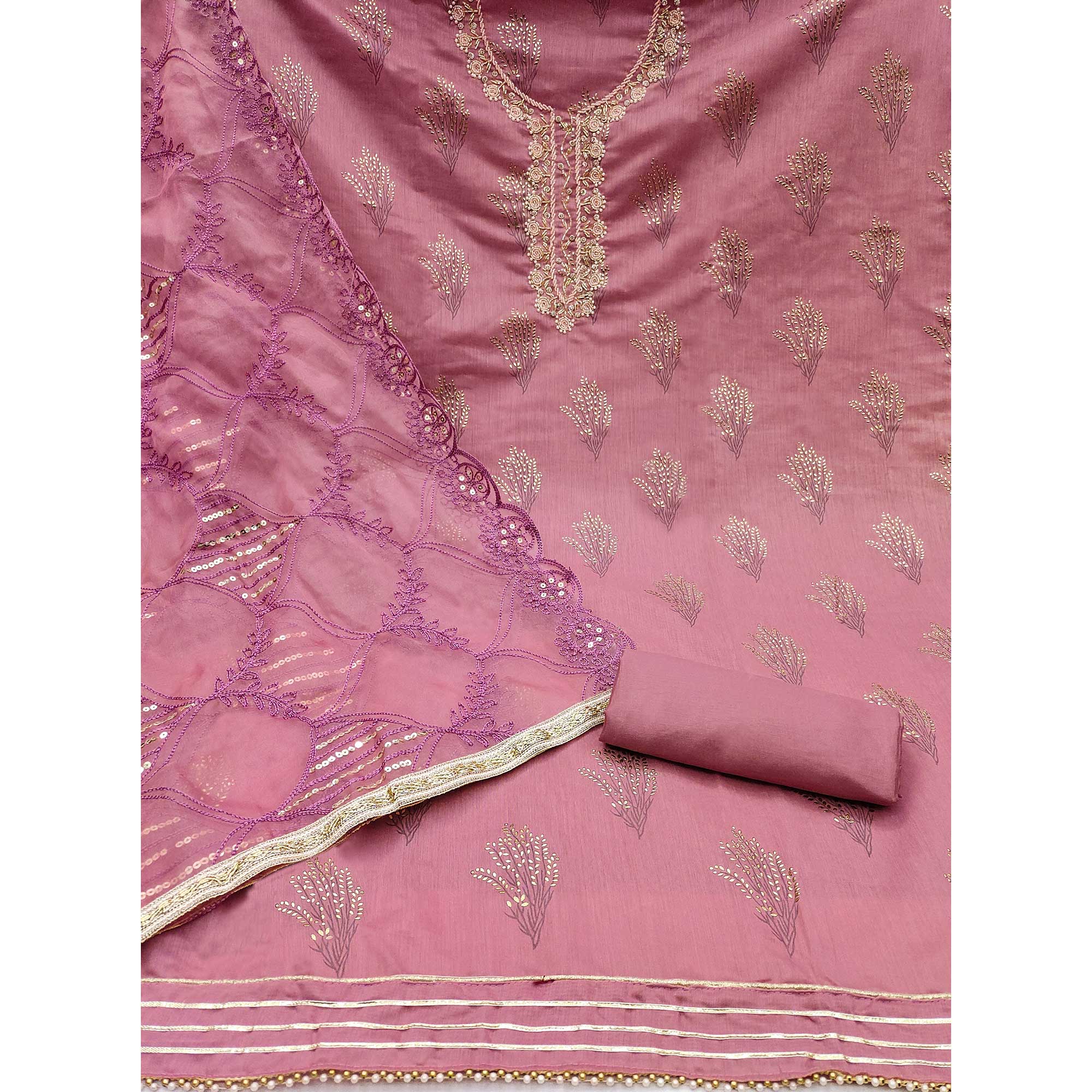 Mauve Printed With Handwork Modal Dress Material