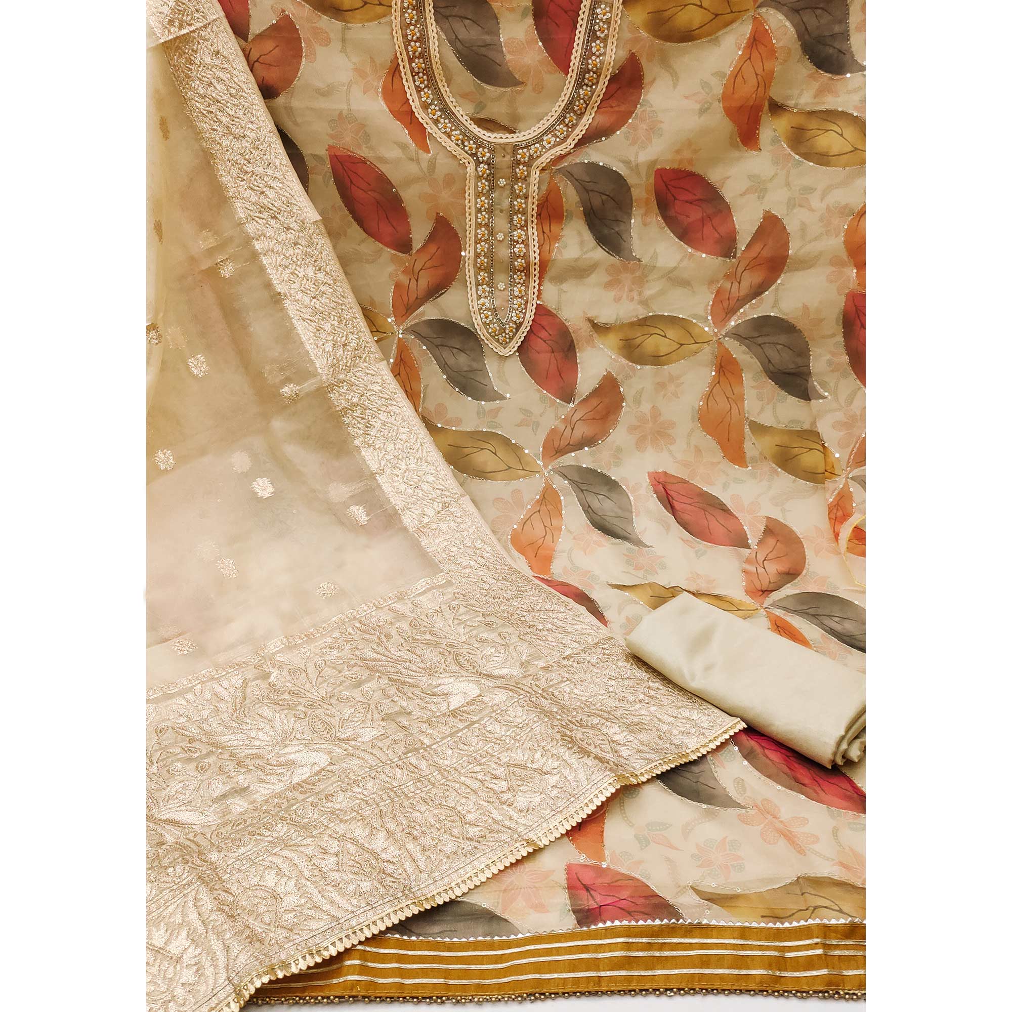 Chikoo Digital Printed With Handwork Organza Dress Material