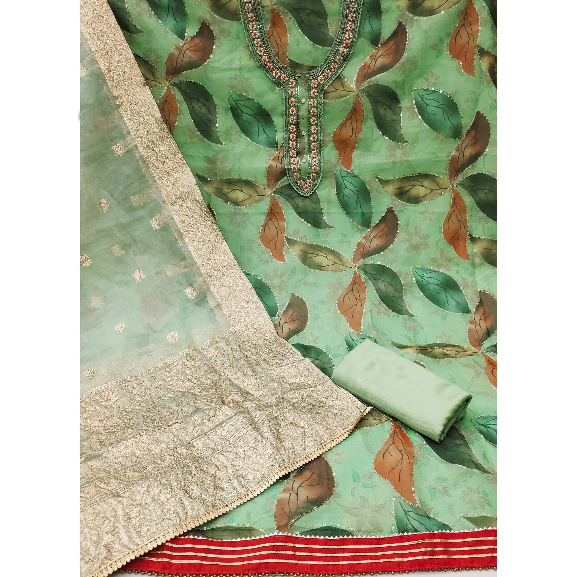 Green Digital Printed With Handwork Organza Dress Material