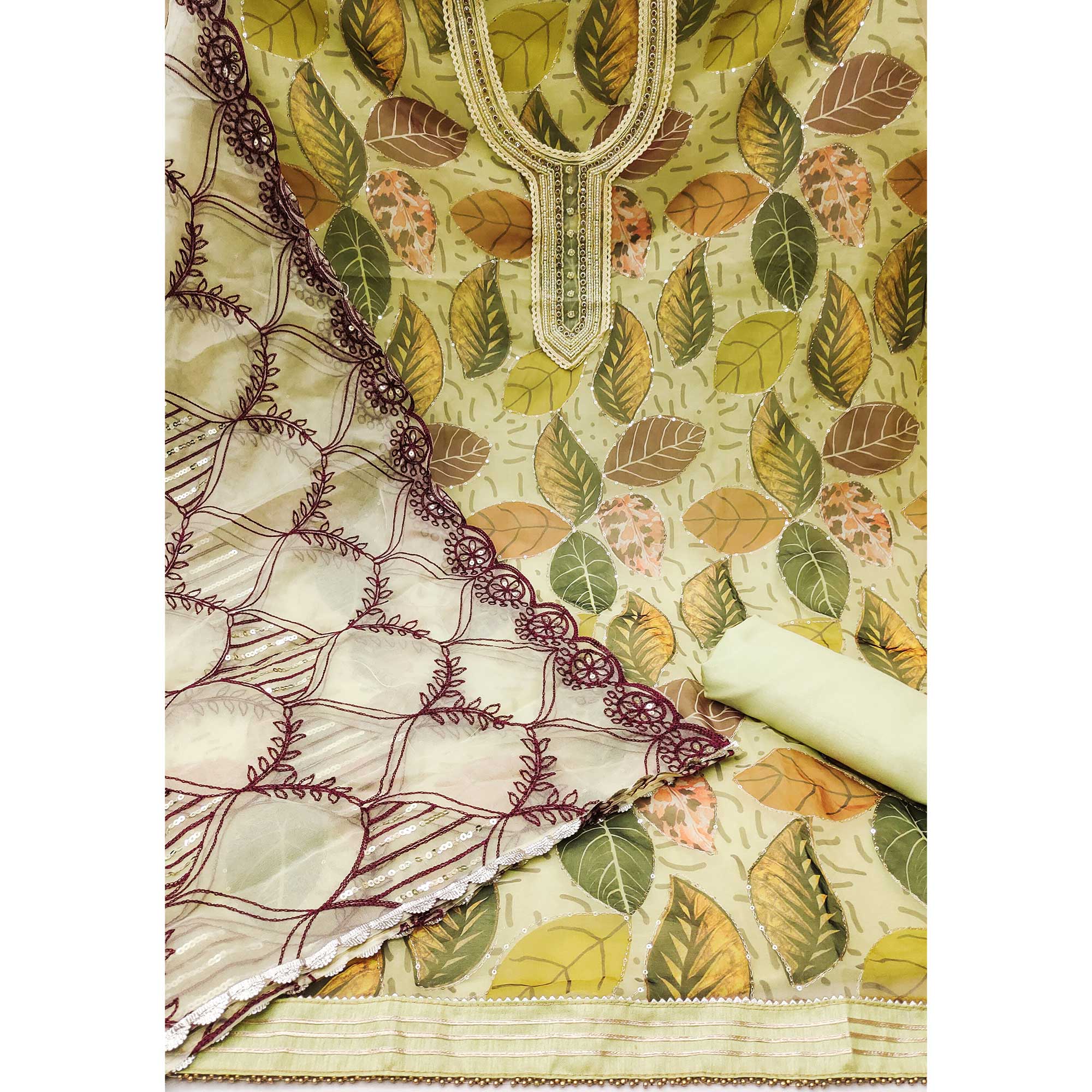Green Printed Organza Dress Material