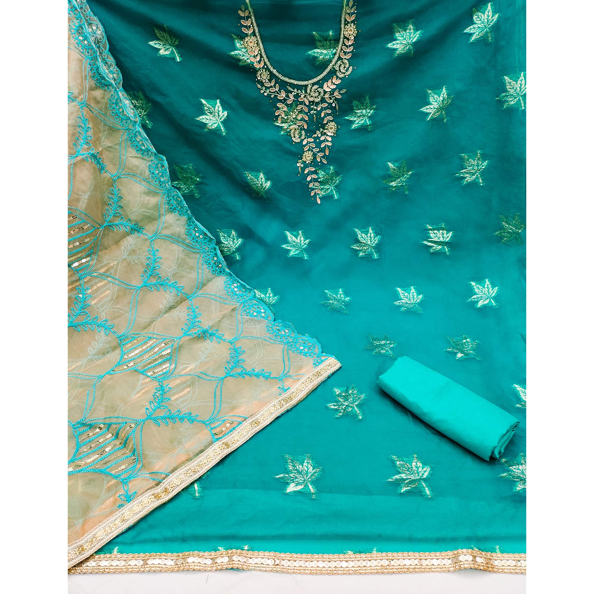 Turquoise Woven Organza Dress Material