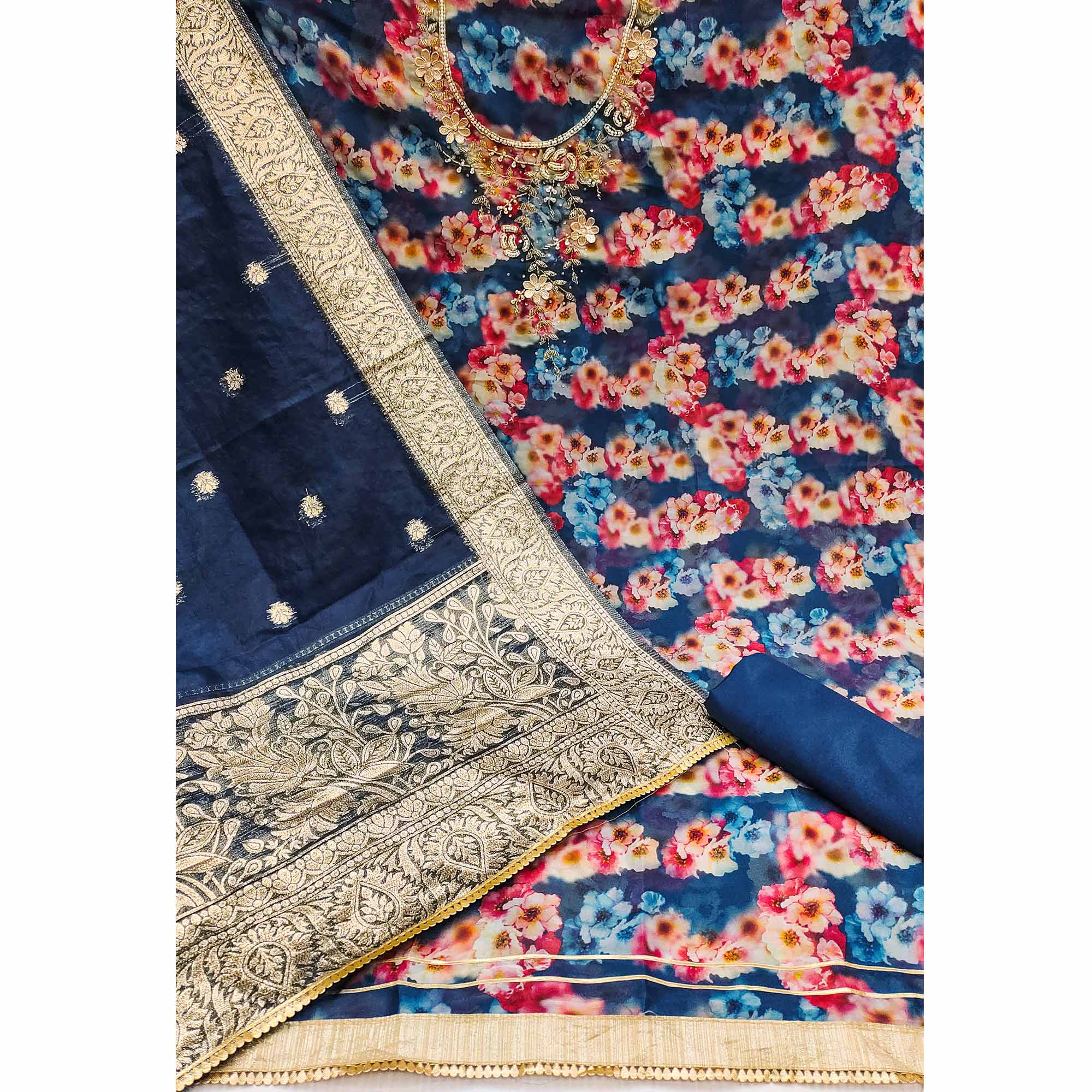 Blue Floral Printed Organza Dress Material