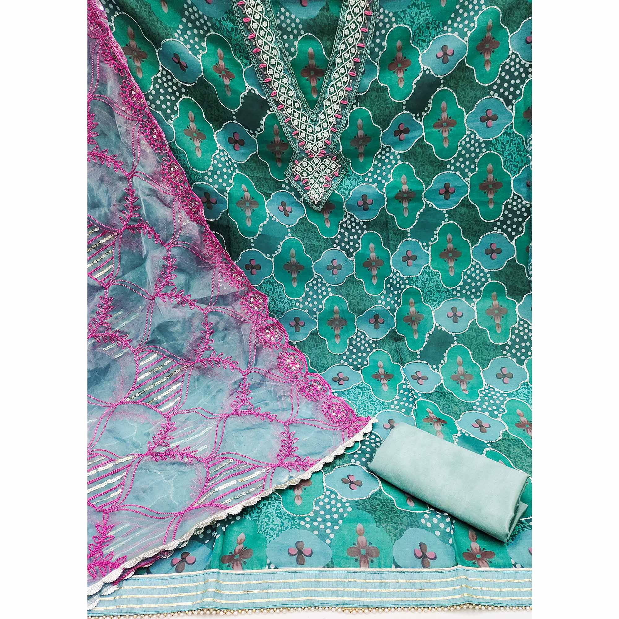 Turquoise Floral Printed Organza Dress Material