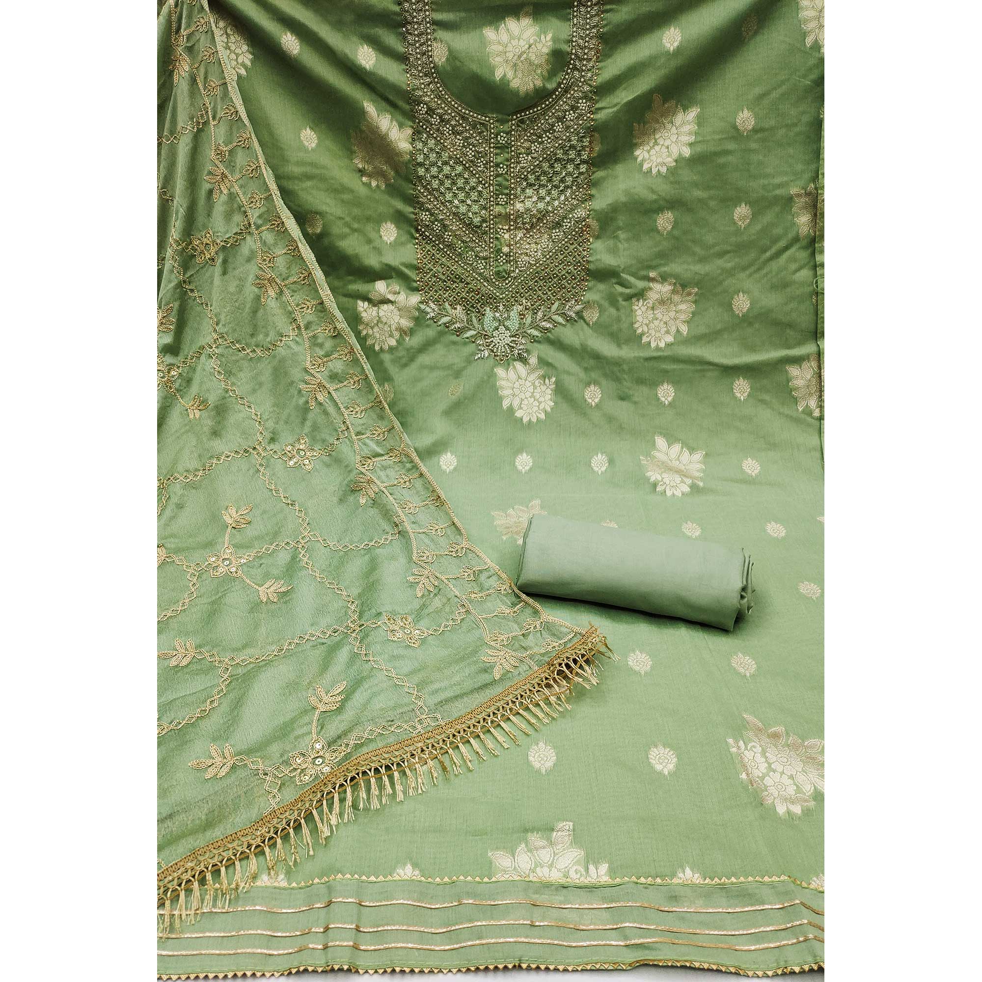 Green Embroidered Chanderi Silk Dress Material