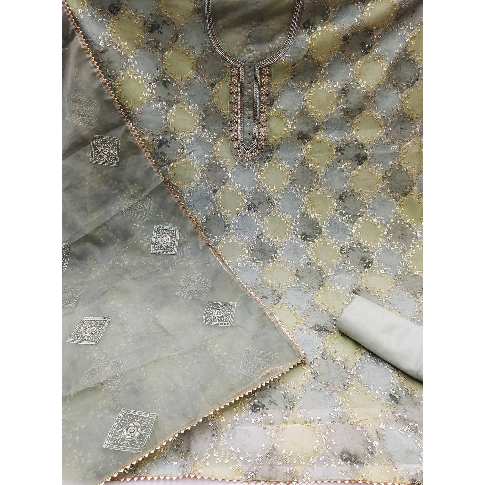 Grey Sequins Embroidered Organza Dress Material