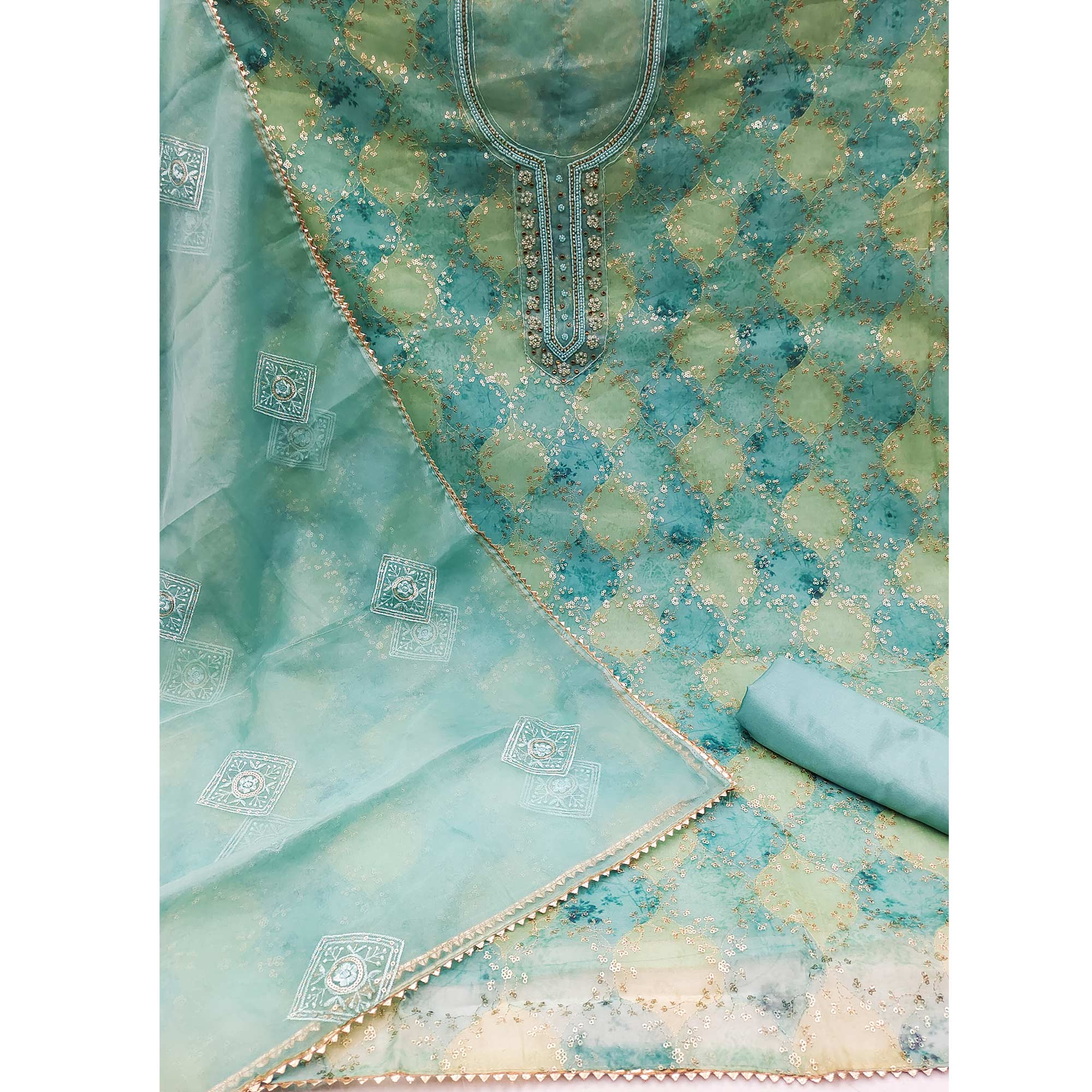 Turquoise Sequins Embroidered Organza Dress Material