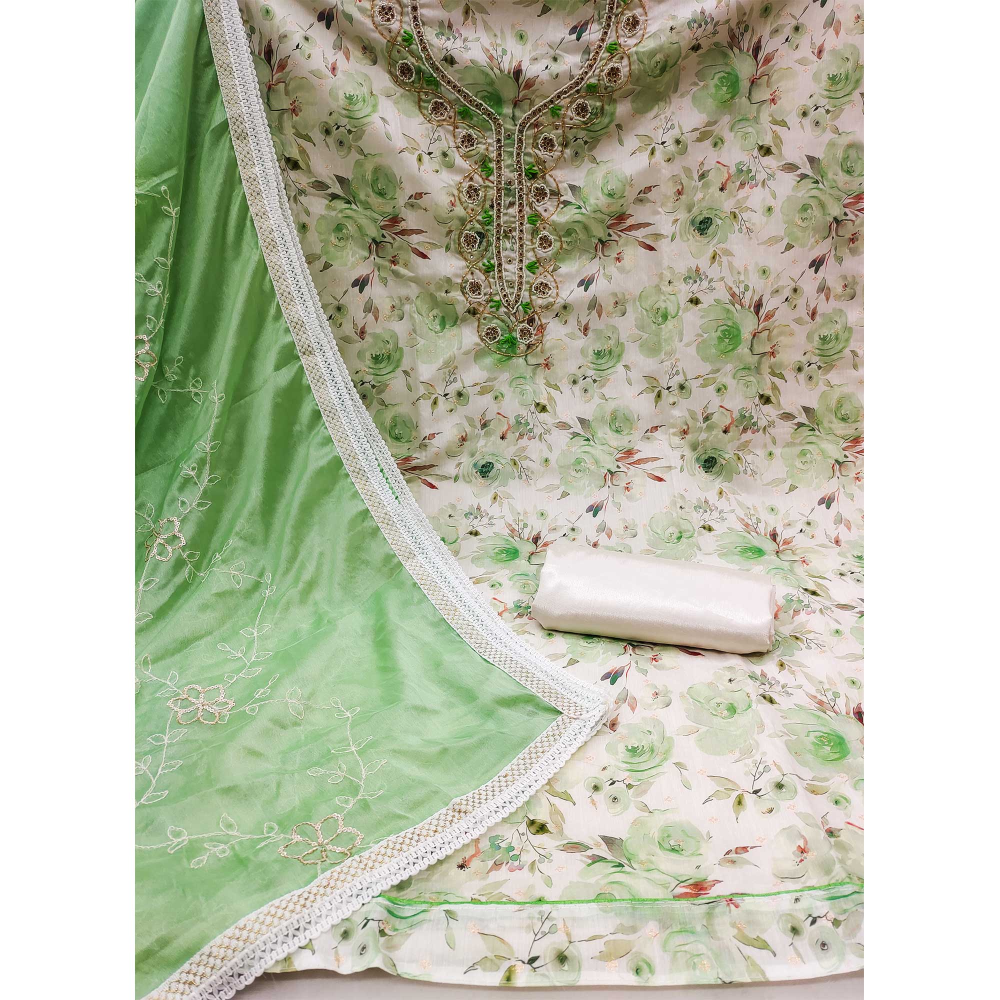 Cream & Green Floral Digital Printed With Handwork Chanderi Silk Dress Material