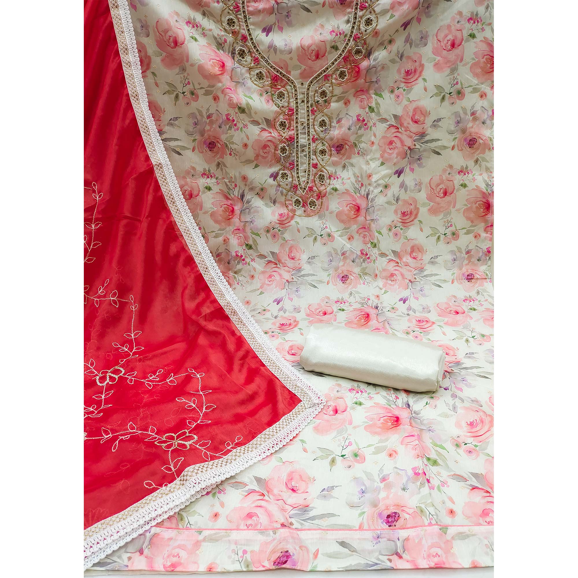 Cream & Red Floral Digital Printed With Handwork Chanderi Silk Dress Material
