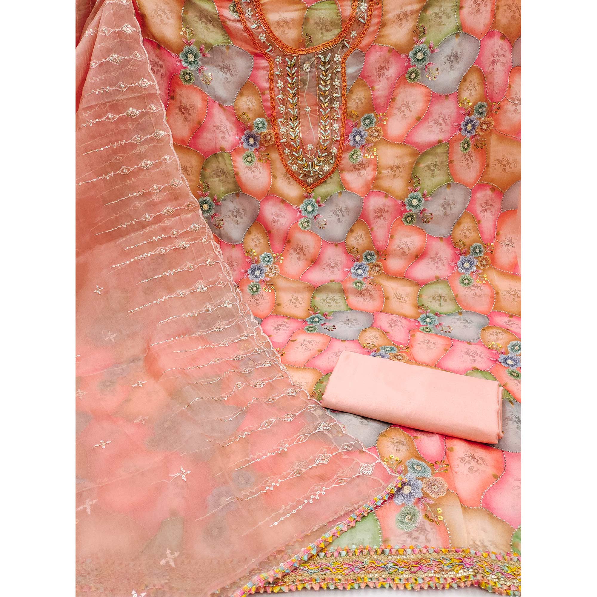 Peach Floral Printed Organza Dress Material