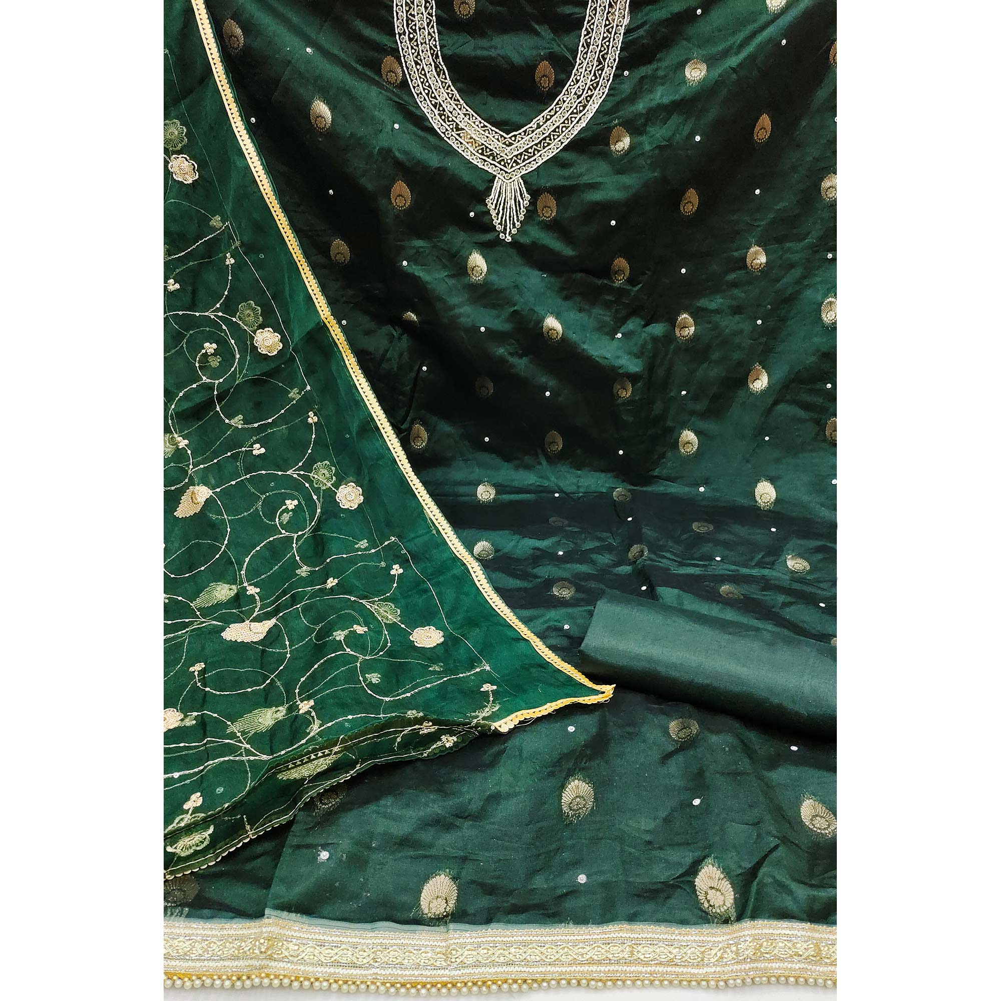 Green Floral Woven Organza Dress Material