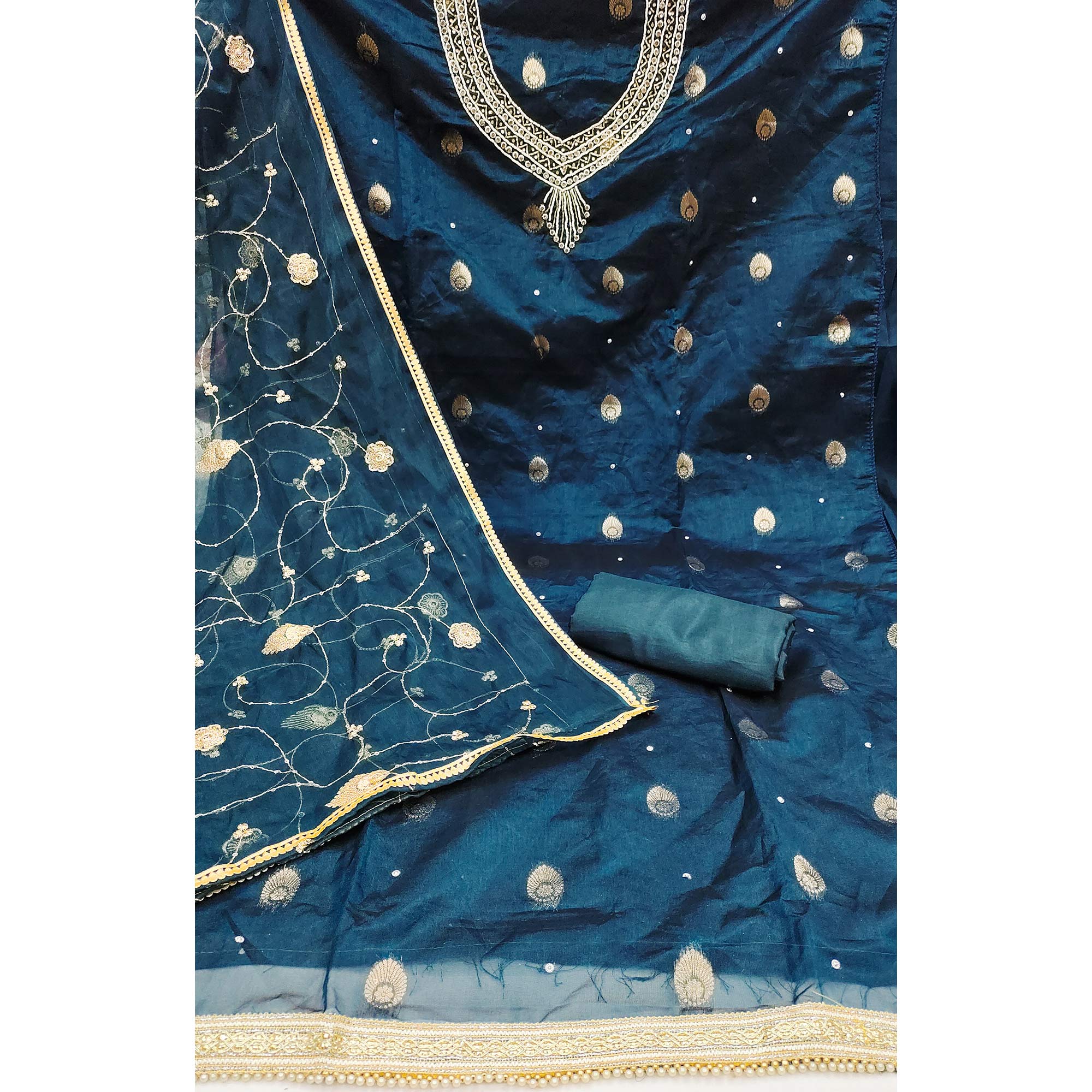 Teal Blue Floral Woven Organza Dress Material