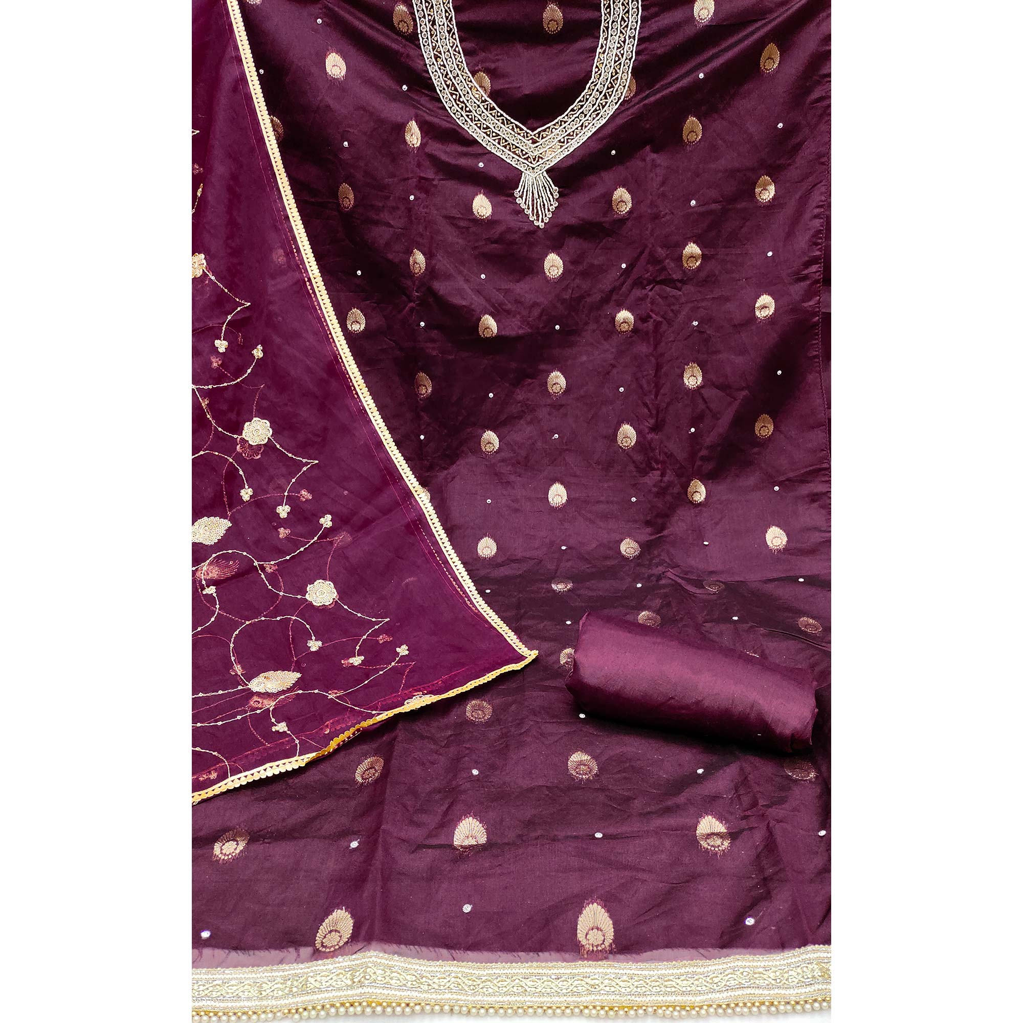 Wine Floral Woven Organza Dress Material