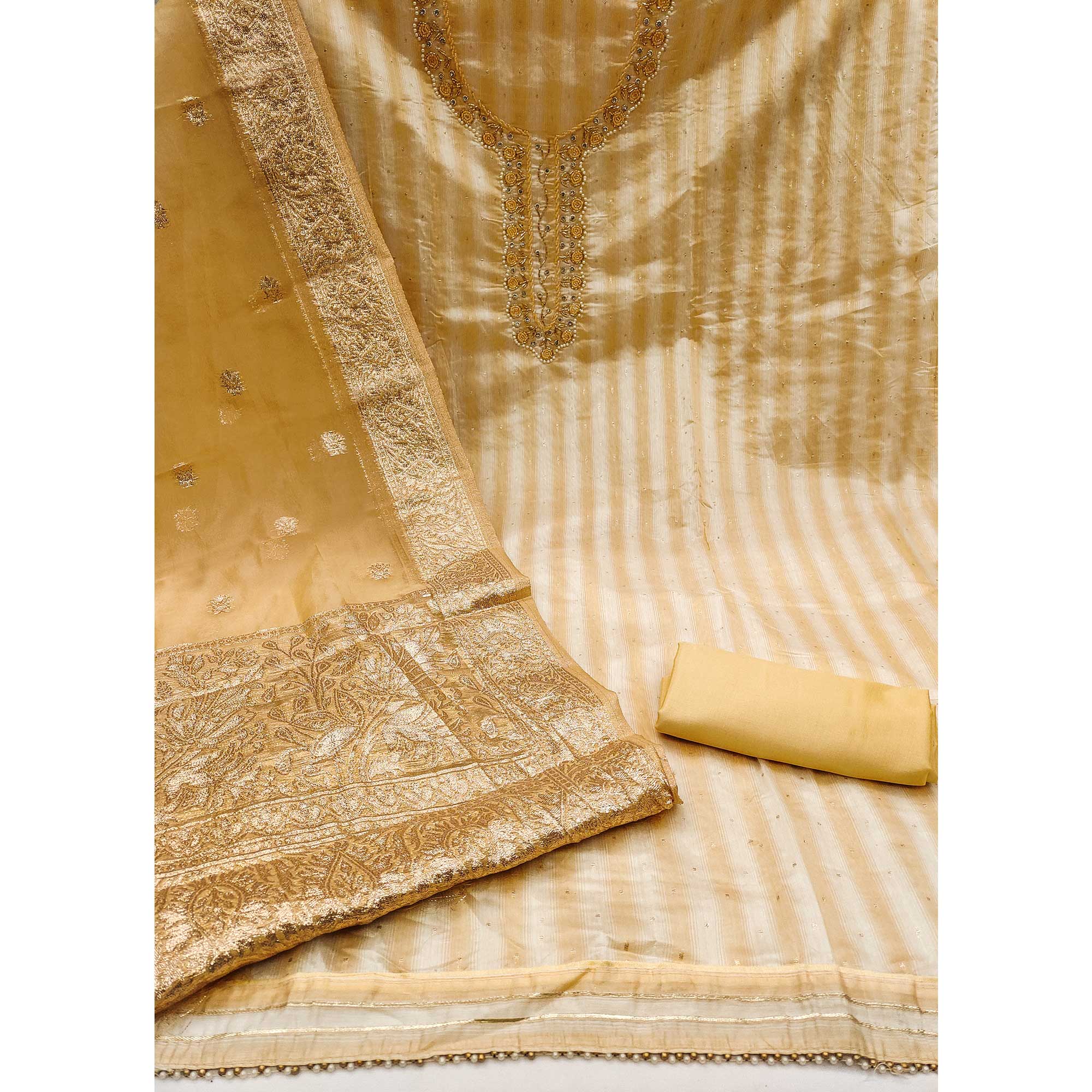 Chikoo Woven Banarasi Silk Dress Material