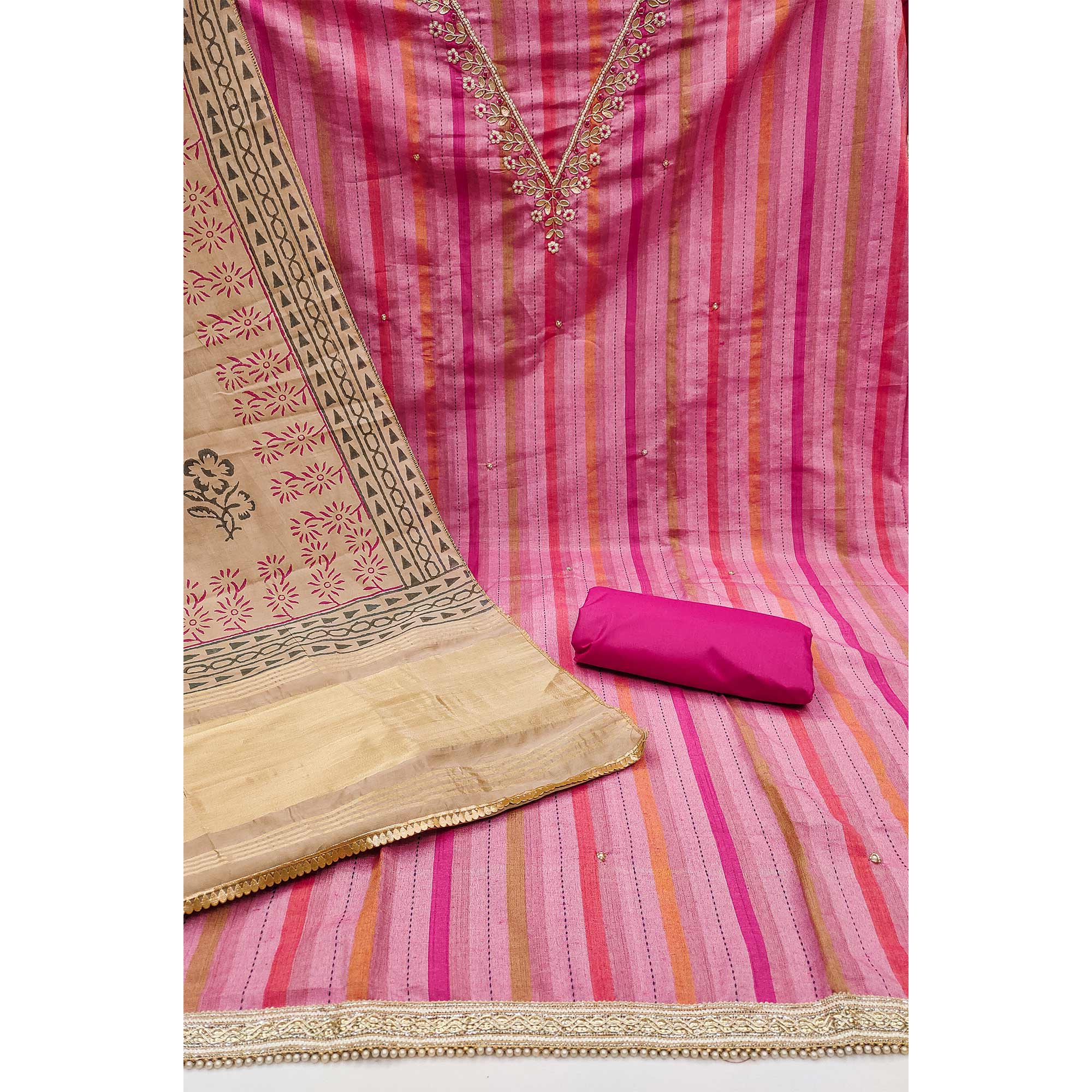 Pink Striped Pure Cotton Dress Material