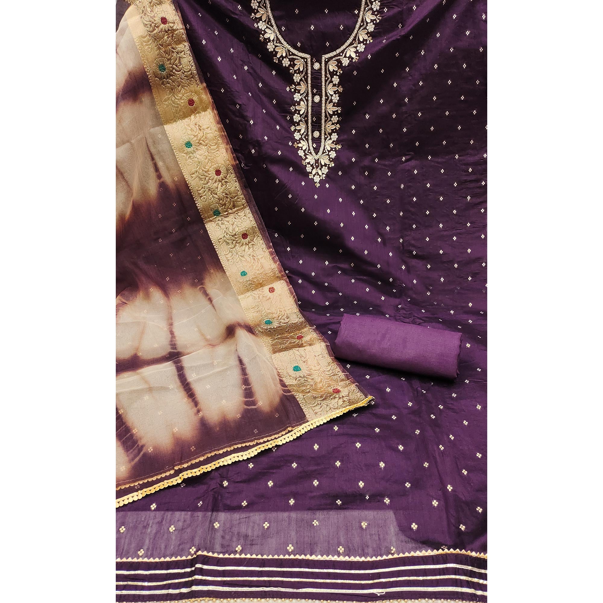 Purple Woven With Handwork Chanderi Silk Dress Material