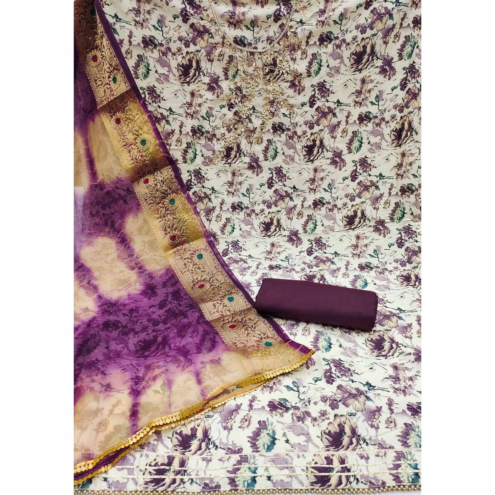 Purple Floral Printed With Handwork Pure Cotton Dress Material