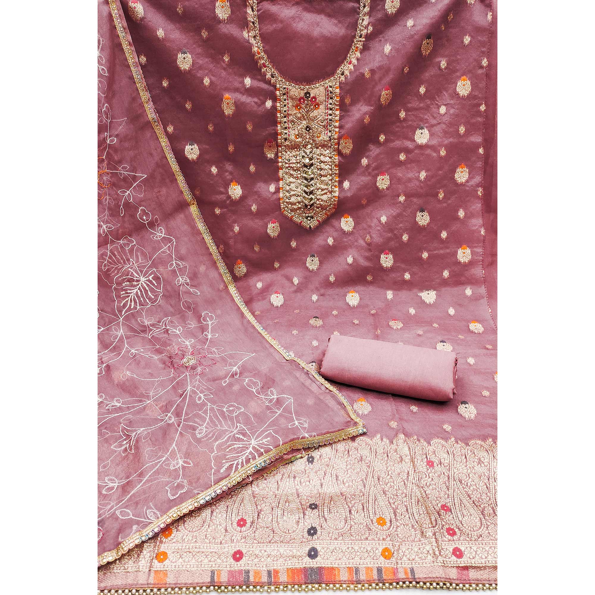 Pink Woven With Handwork Organza Dress Material